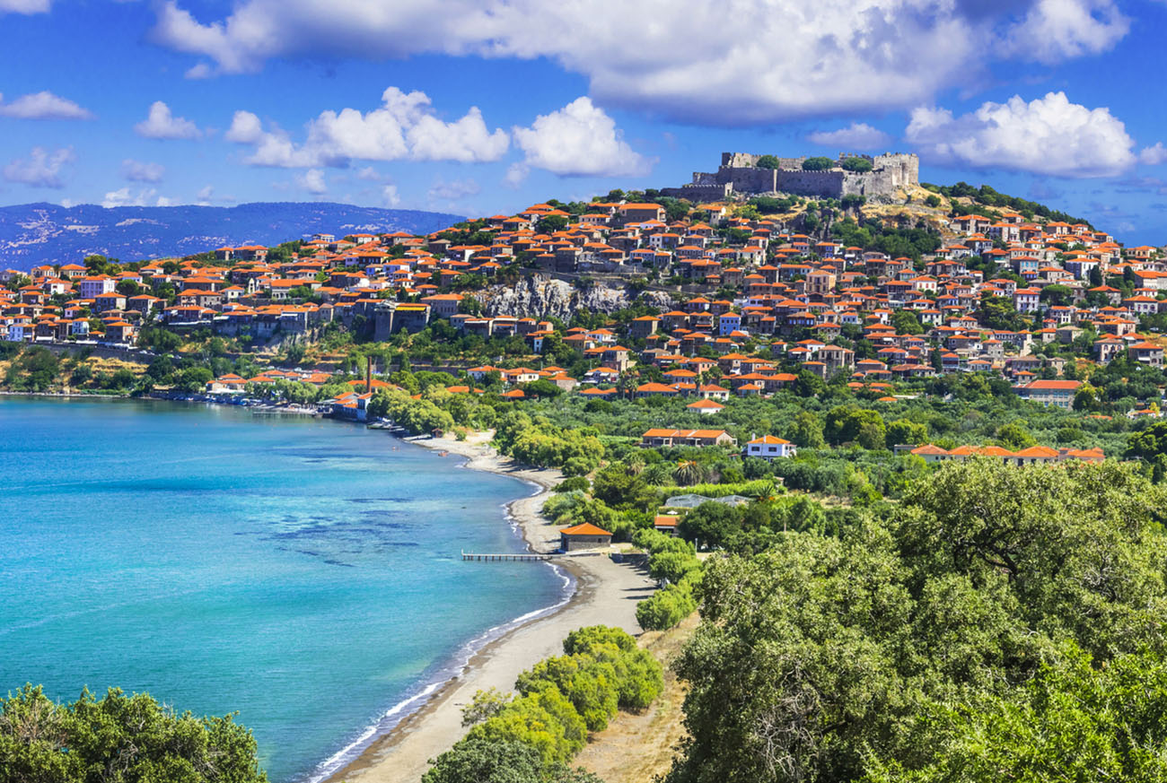 scenic landscape and historic towns of Lesbos island