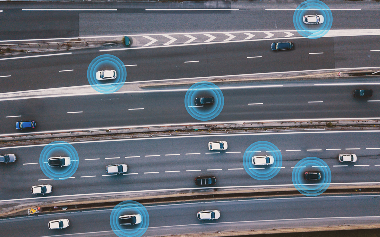 smart cars driving on the road, driverless vehicles, aerial top view from above