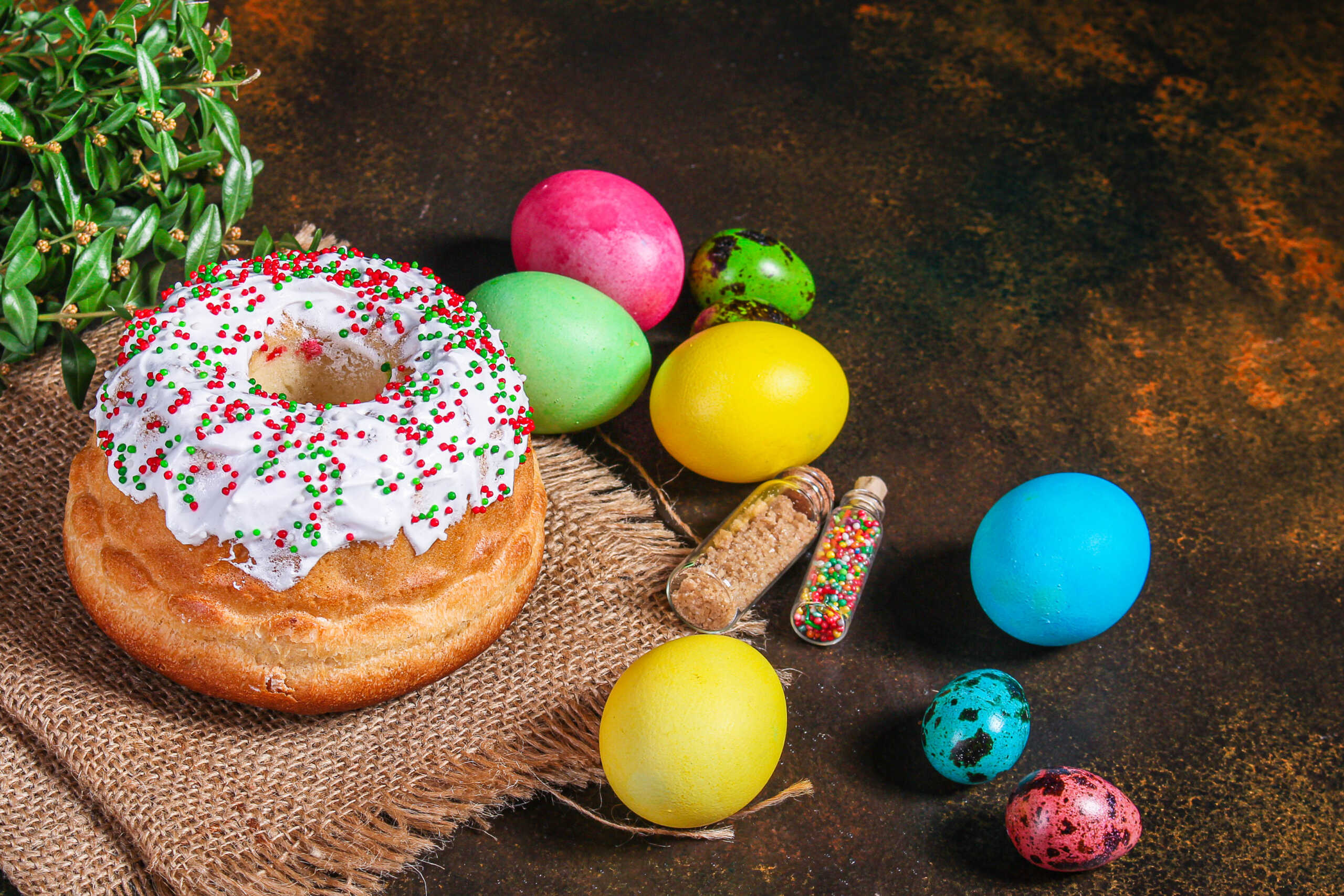 easter cake and easter eggs, traditional holiday design (happy easter) menu concept