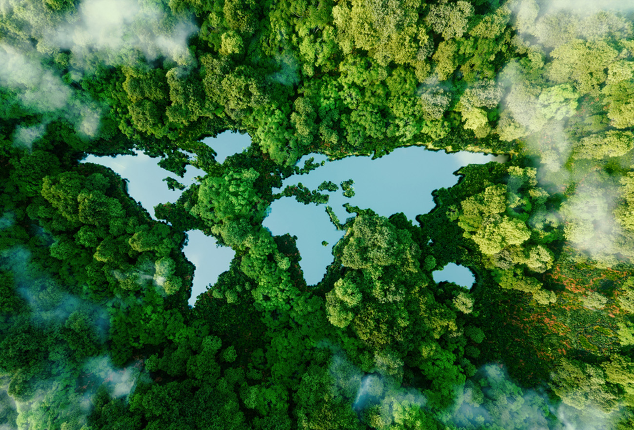 A lake in the shape of the world's continents in the middle of untouched nature. A metaphor for ecological travel, conservation, climate change, global warming and the fragility of nature.3d rendering