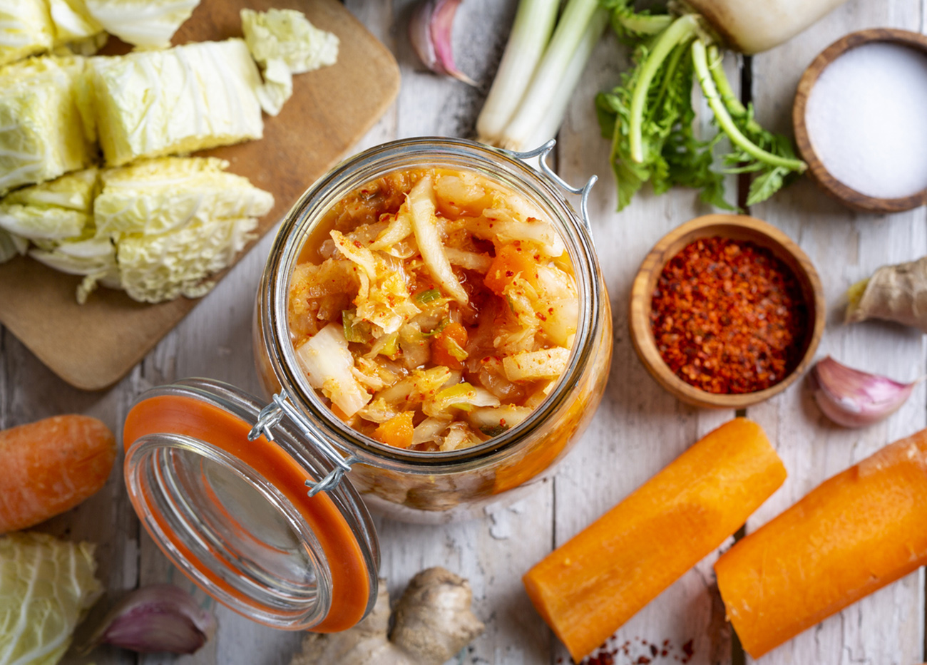 Homemade kimchee and glass jar