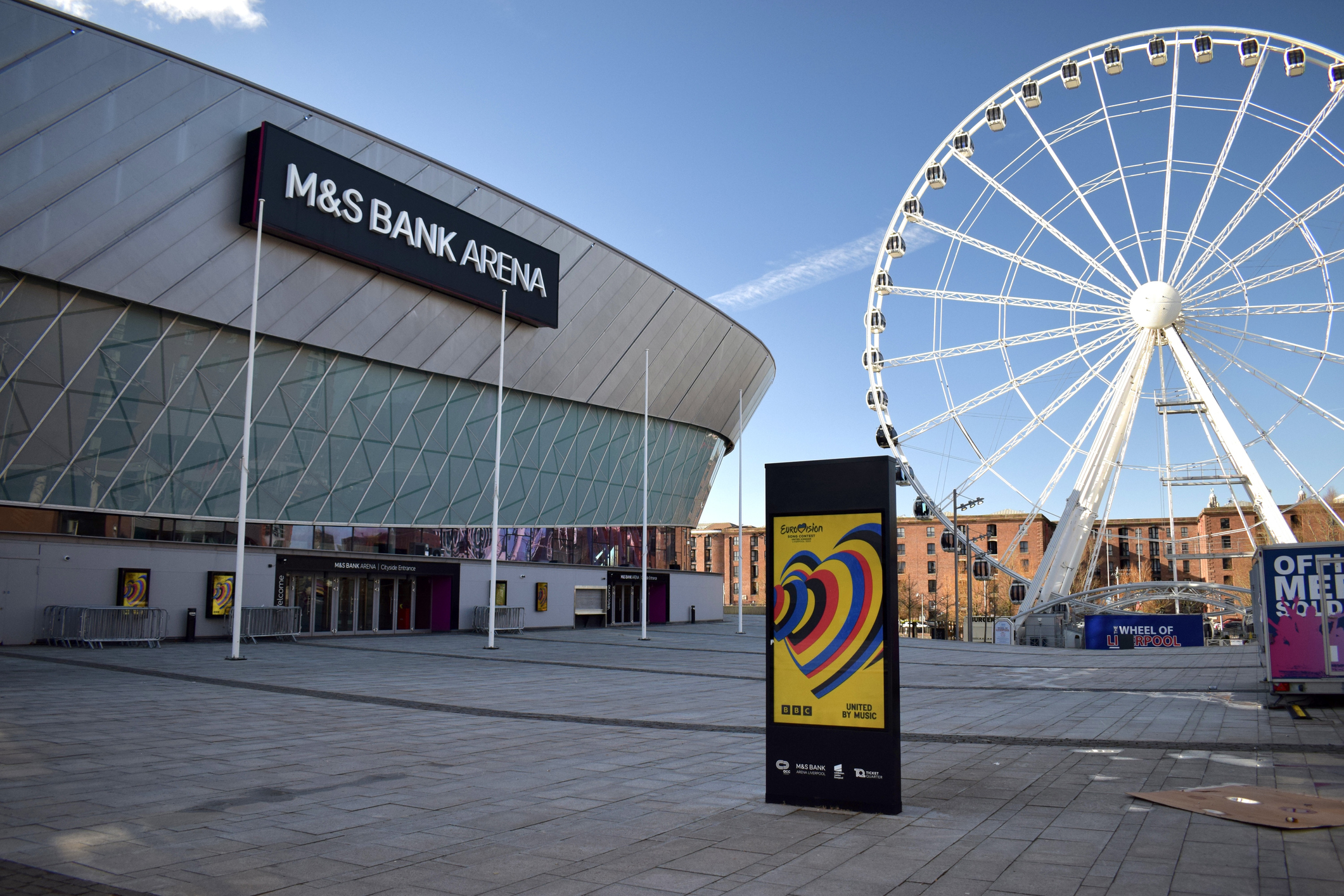 Liverpool, Merseyside, England - March 10 2023: M&S Bank Arena at Liverpool city's King's Dock in Merseyside. Former Echo arena sponsored by Marks and Spencer to host Eurovision Song Contest 2023