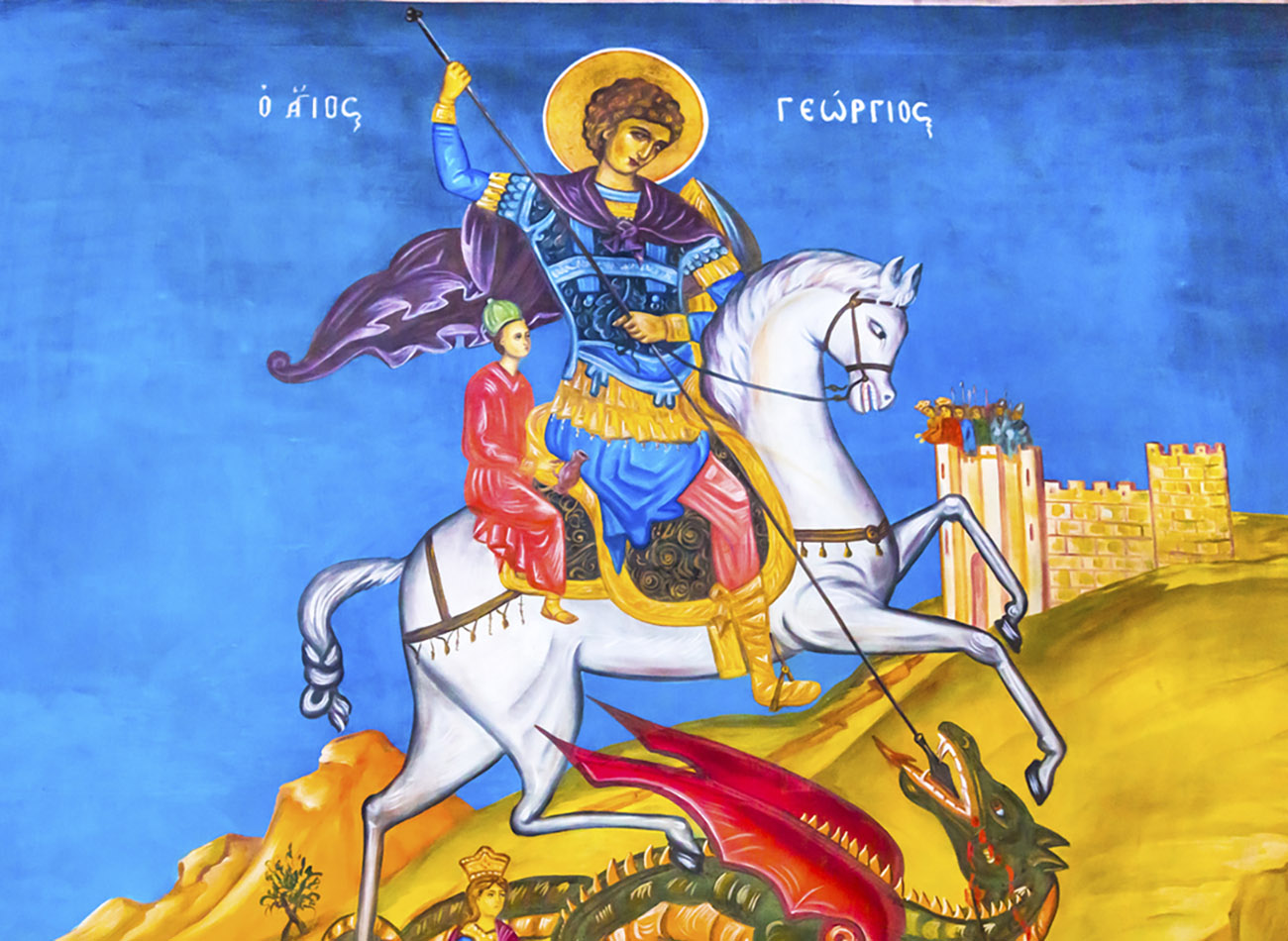 Madaba, Jordan - November 25, 2016: Saint George Dragon Fresco Saint George Greek Orthodox Church Madaba Jordan.  Church was created in the late 1800s and houses many famous mosaics