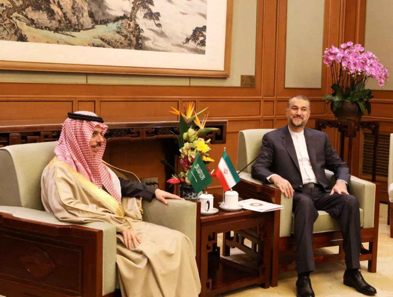 Iranian Foreign Minister Hossein Amir-Abdollahian meets with Saudi Arabia's Foreign Minister Prince Faisal bin Farhan Al Saud in Beijing, China, April 6, 2023. Iran's Foreign Ministry
