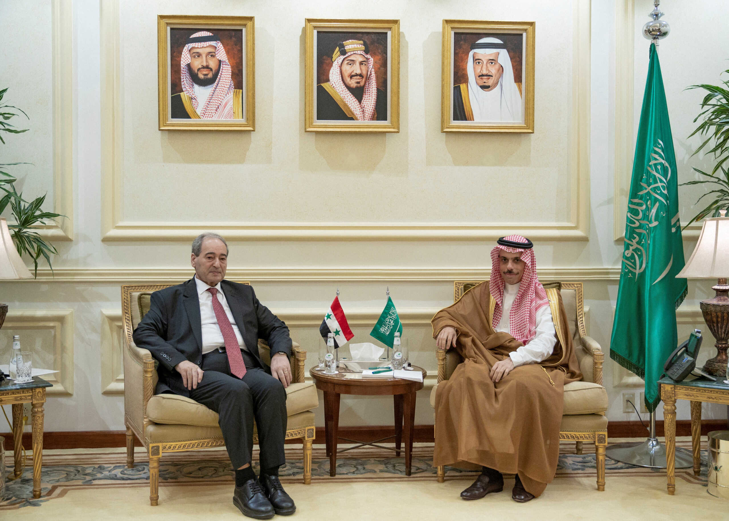 Saudi Foreign Minister Prince Faisal bin Farhan bin Abdullah meets with Syrian Minister of Foreign Affairs and Expatriates Faisal Mekdad in Jeddah, Saudi Arabia, April 12, 2023. Saudi Press Agency