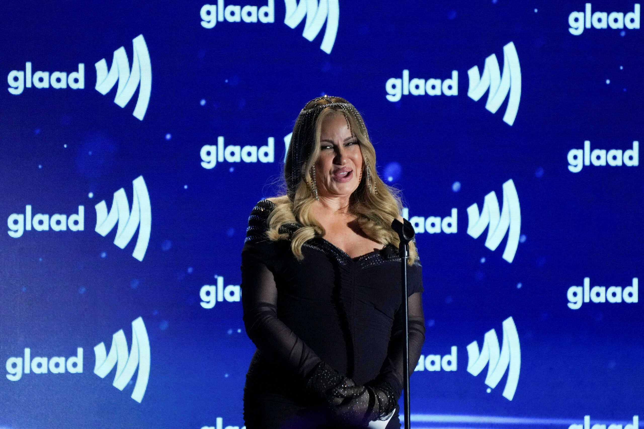 Jennifer Coolidge speaks on stage during the 34th Annual GLAAD Media Awards in Beverly Hills, California, U.S., March 30, 2023. REUTERS