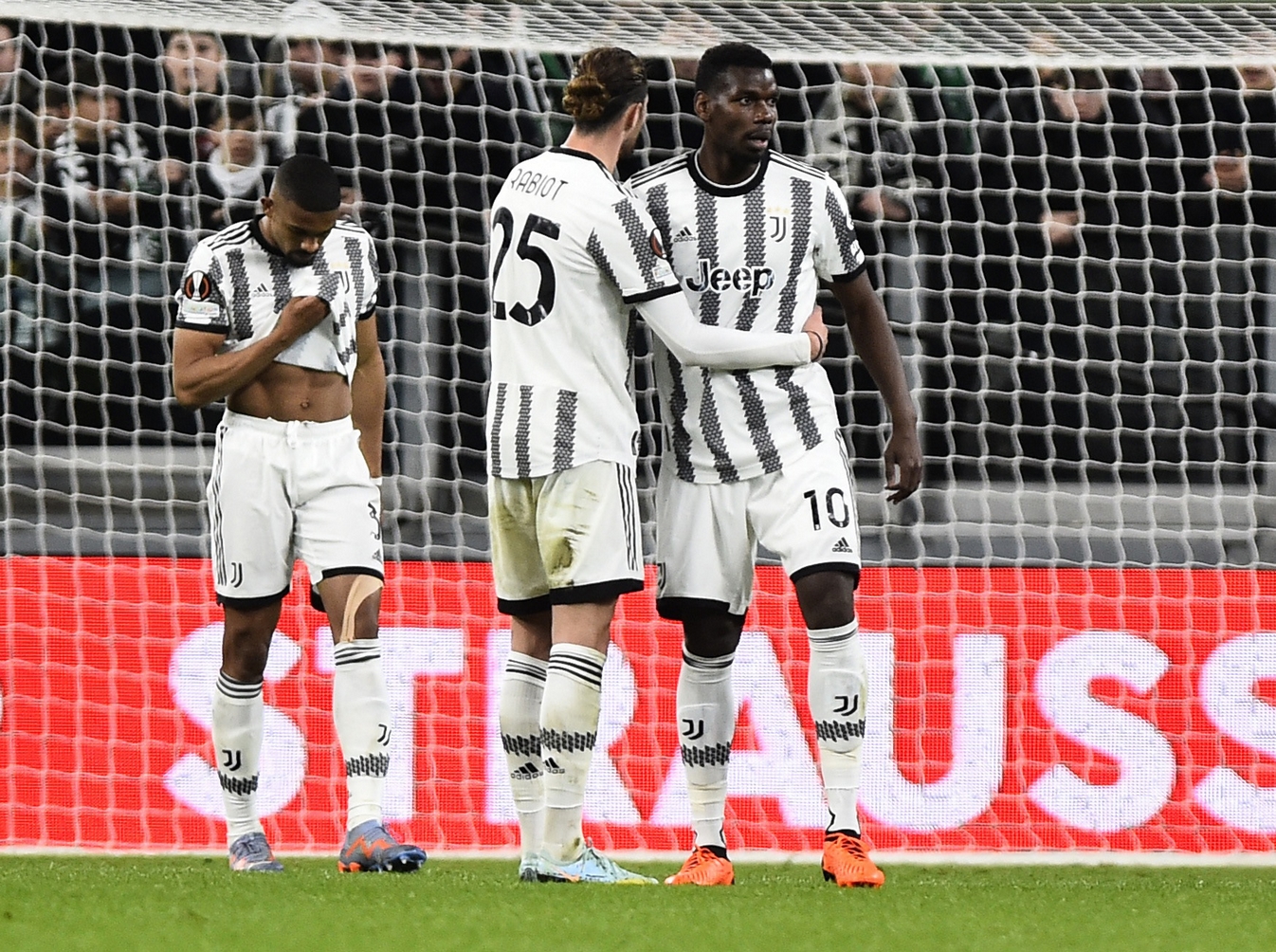 Soccer Football - Europa League - Quarter Final - First Leg - Juventus v Sporting CP - Allianz Stadium, Turin, Italy - April 13, 2023 Juventus' Paul Pogba with Adrien Rabiot after the match REUTERS