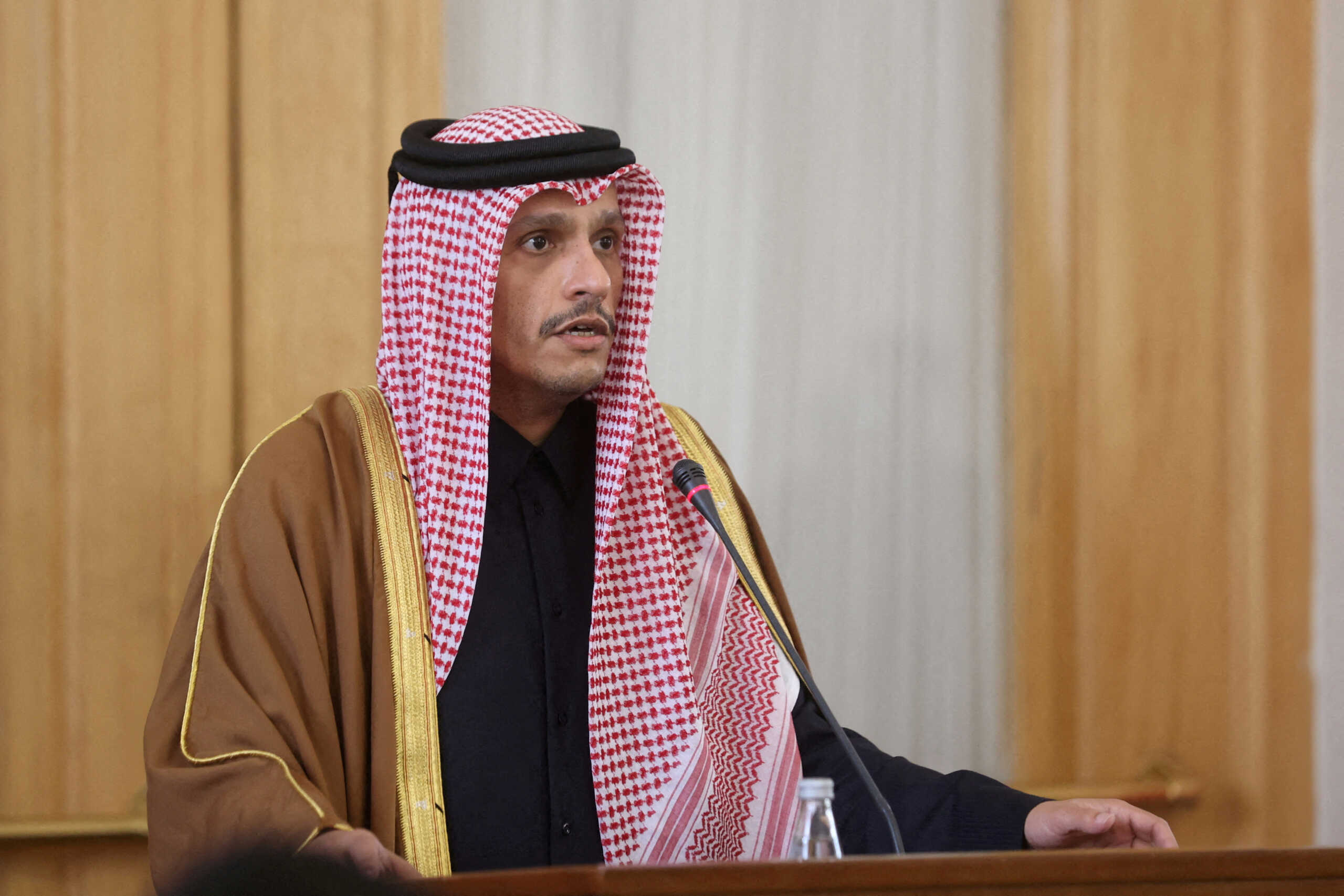 FILE PHOTO: Qatari Prime Minister and Foreign Minister Sheikh Mohammed bin Abdulrahman Al Thani speaks during a joint news conference with Iran's Foreign Minister Hossein Amir-Abdollahian (not pictured), in Tehran, Iran January 29, 2023. Majid Asgaripour