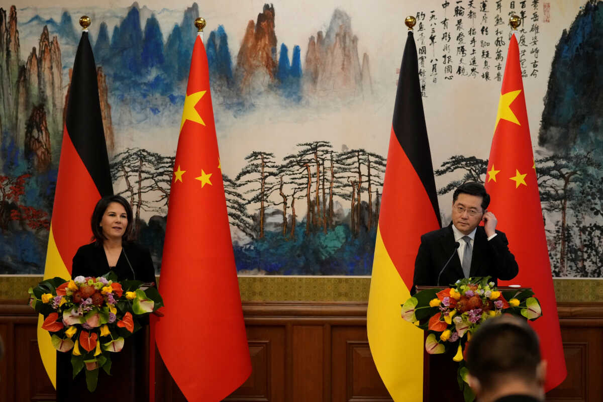 German Foreign Minister Annalena Baerbock and Chinese Foreign Minister Qin Gang attend a joint press conference at the Diaoyutai State Guesthouse in Beijing, China, April 14, 2023. Suo Takekuma
