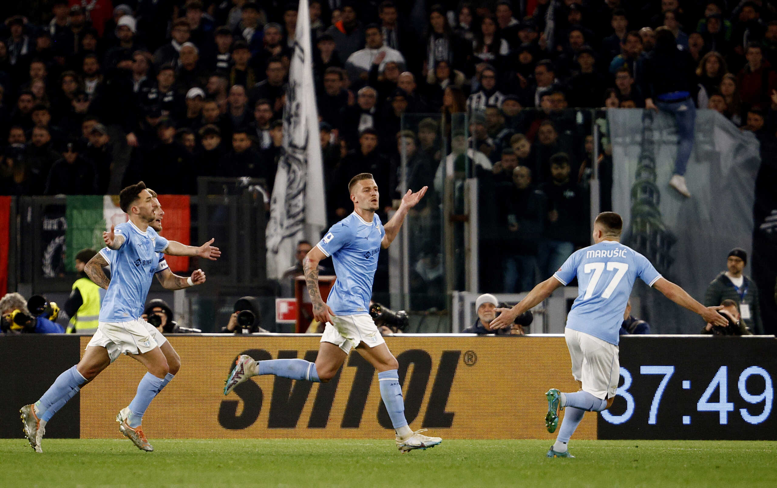 Soccer Football - Serie A - Lazio v Juventus - Stadio Olimpico, Rome, Italy - April 8, 2023 Lazio's Sergej Milinkovic-Savic celebrates scoring their first goal REUTERS