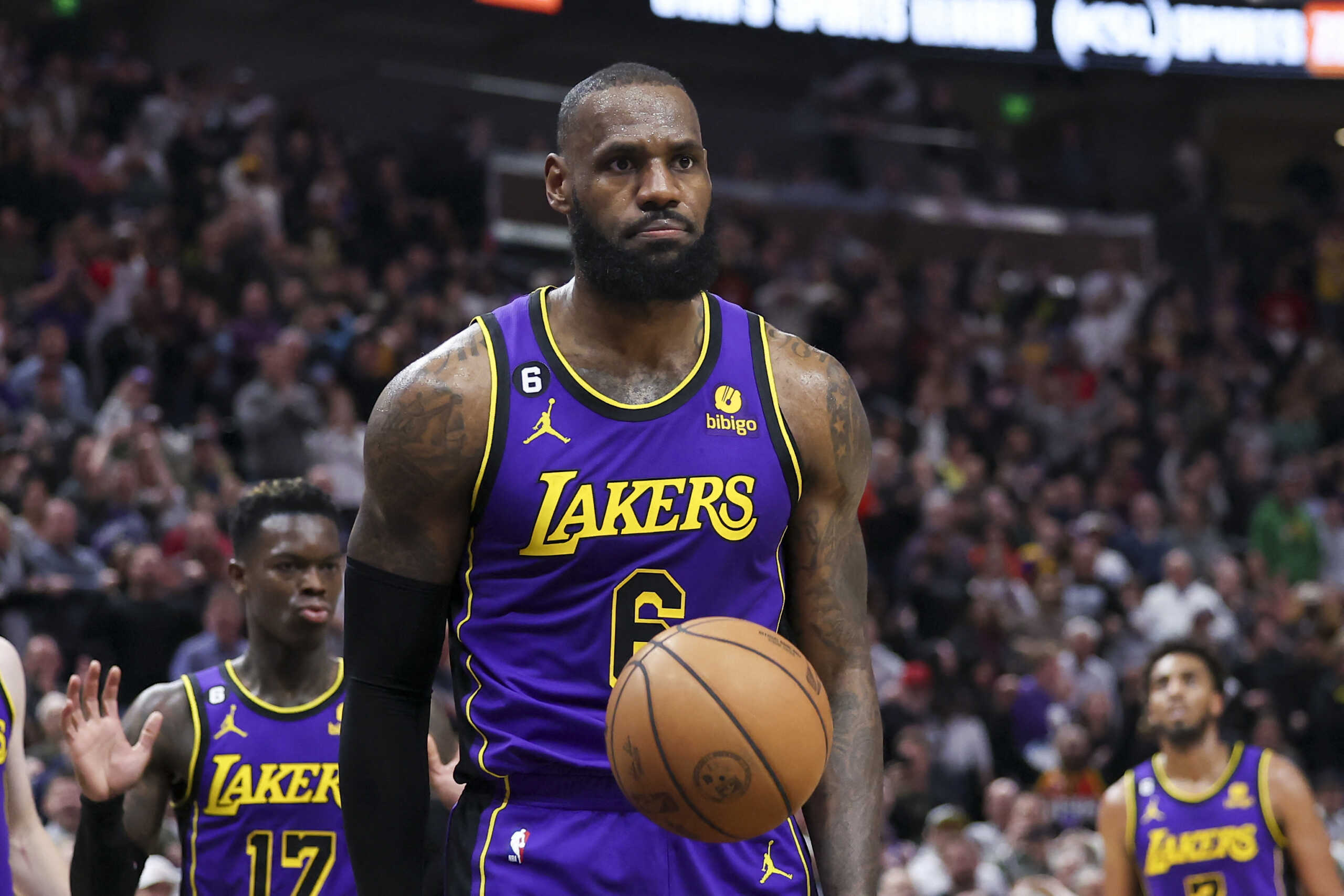 Apr 4, 2023; Salt Lake City, Utah, USA; Los Angeles Lakers forward LeBron James (6) reacts to being called for a foul against the Utah Jazz in the last minute of the fourth quarter at Vivint Arena. Mandatory Credit: Rob Gray-USA TODAY Sports
