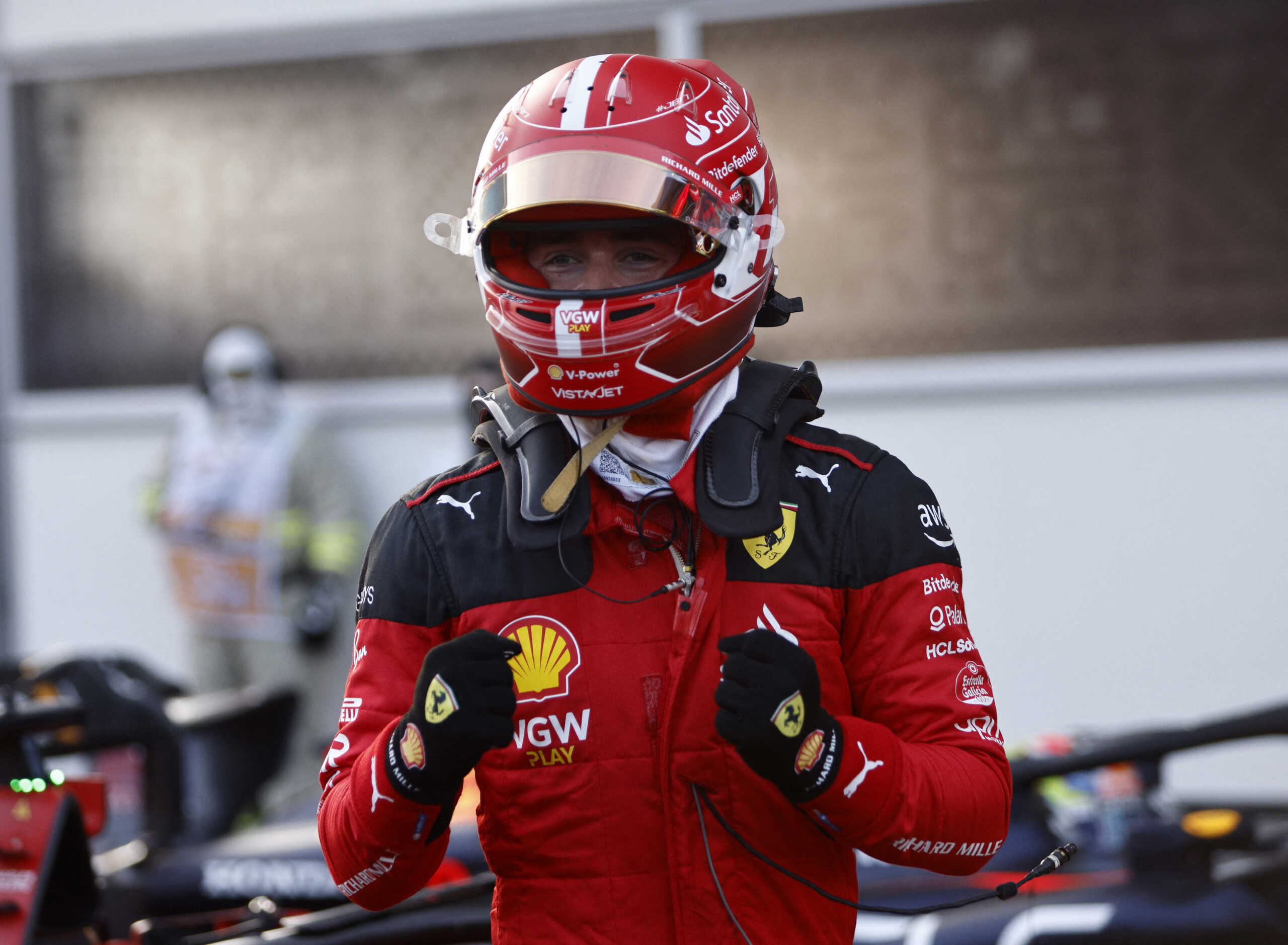 Formula One F1 - Azerbaijan Grand Prix - Baku City Circuit, Baku, Azerbaijan - April 28, 2023 Ferrari's Charles Leclerc celebrates after qualifying in pole position REUTERS