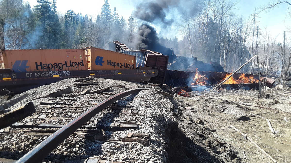 A view of a train following derailment and fire near Rockwood, Maine, U.S., April 15, 2023. Jackman - Moose River Fire & Rescue Department