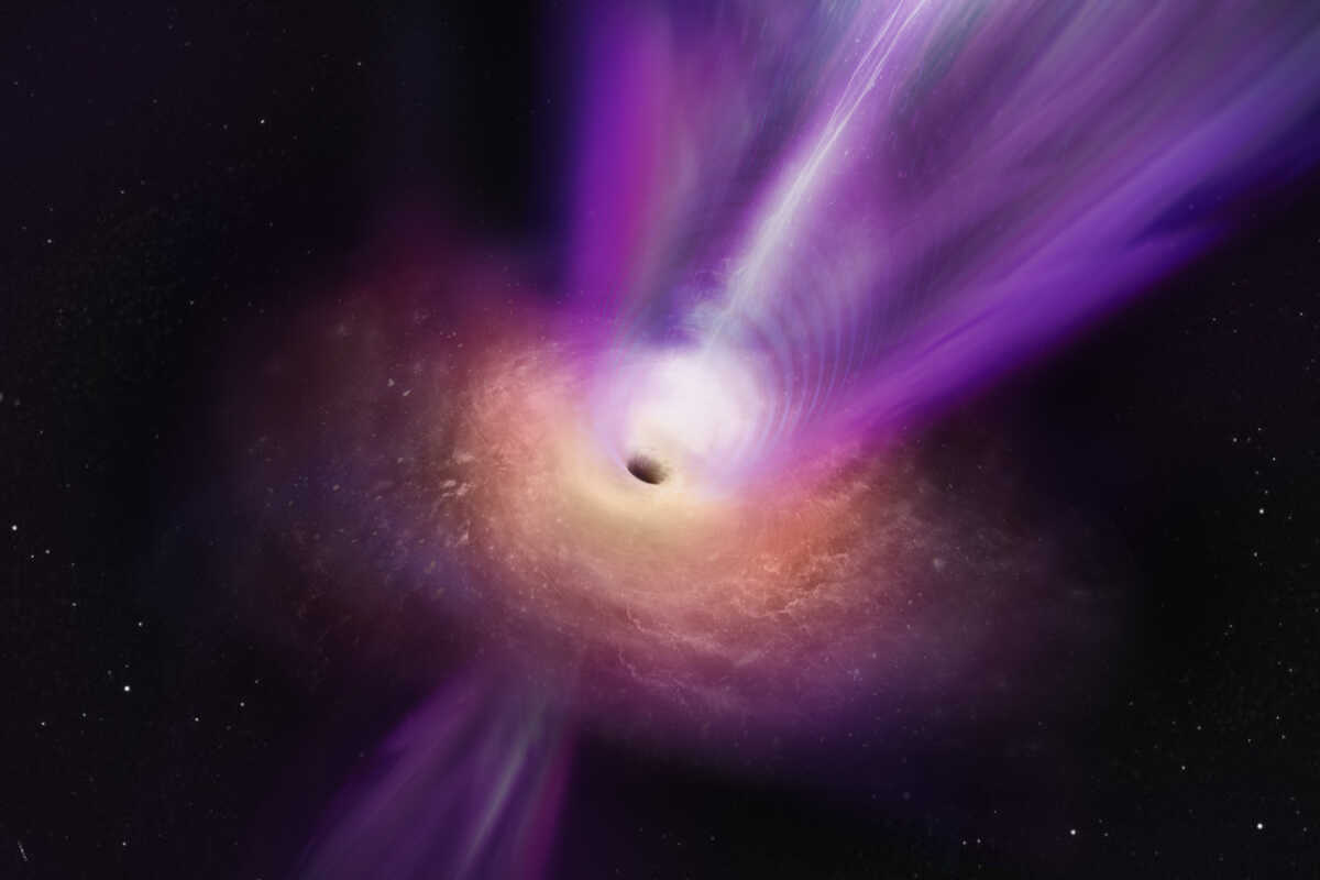 Scientists observing the compact radio core of M87 have discovered new details about the galaxy’s supermassive black hole. In this artist’s conception, the black hole’s massive jet is seen rising up from the centre of the black hole. The observations on which this illustration is based represent the first time that the jet and the black hole shadow have been imaged together, giving scientists new insights into how black holes can launch these powerful jets.