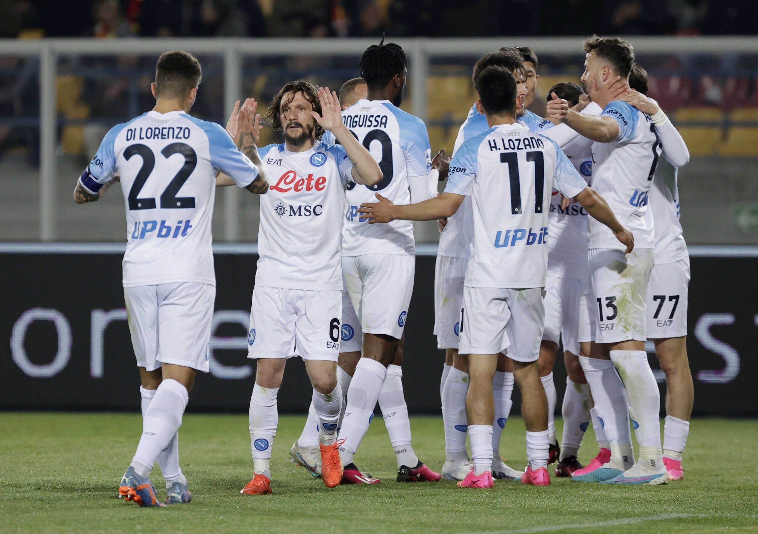 Soccer Football - Serie A - Lecce v Napoli - Stadio Comunale Via del Mare, Lecce, Italy - April 7, 2023 Napoli's Mario Rui celebrates with teammates after Lecce's Antonino Gallo scores an own goal and Napoli second goal REUTERS