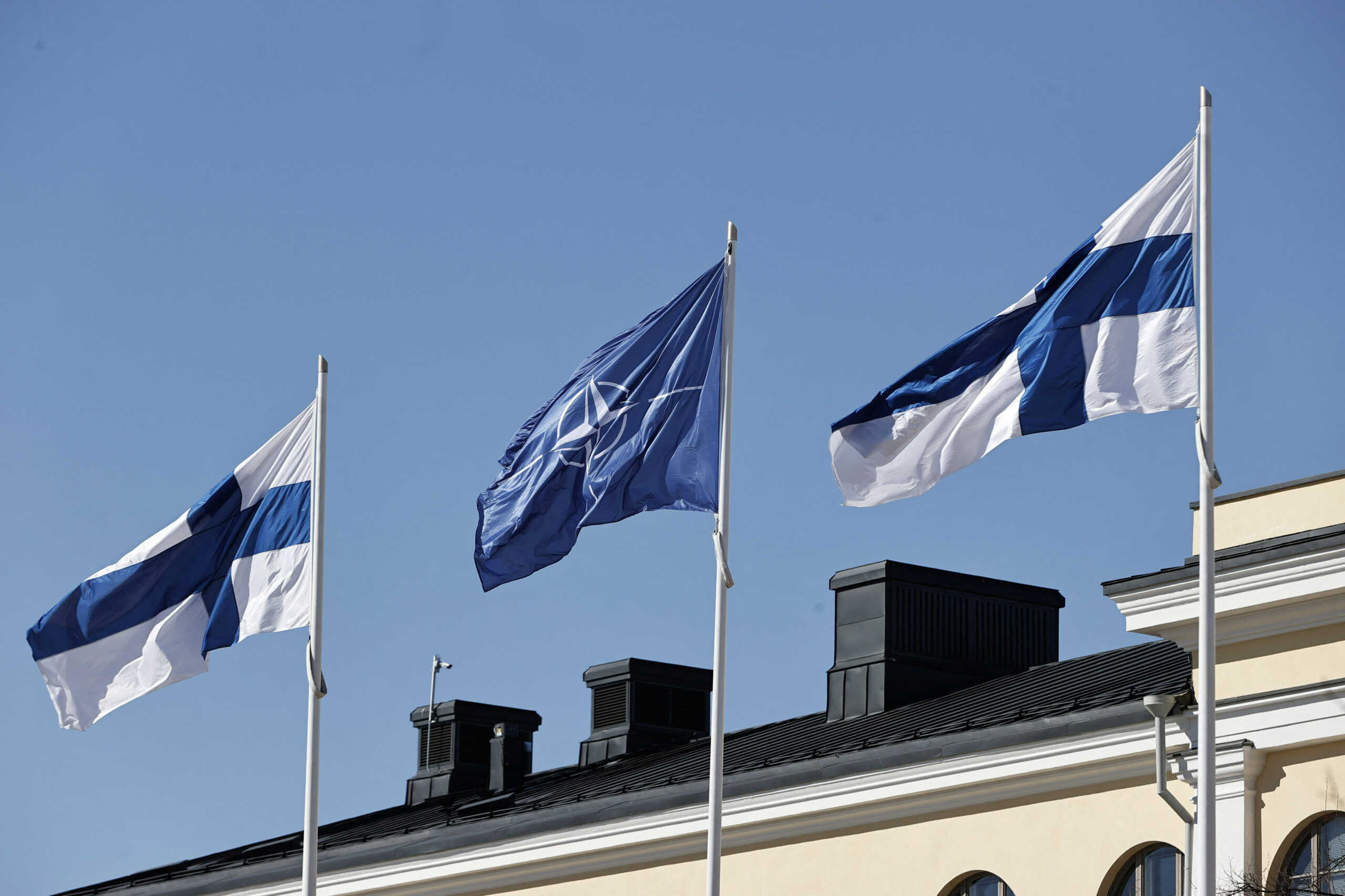 Finnish and Nato flags flutter at the courtyard of the Foreign Ministry, ahead of Finland's accession to NATO, in Helsinki, Finland, April 4, 2023. Lehtikuva