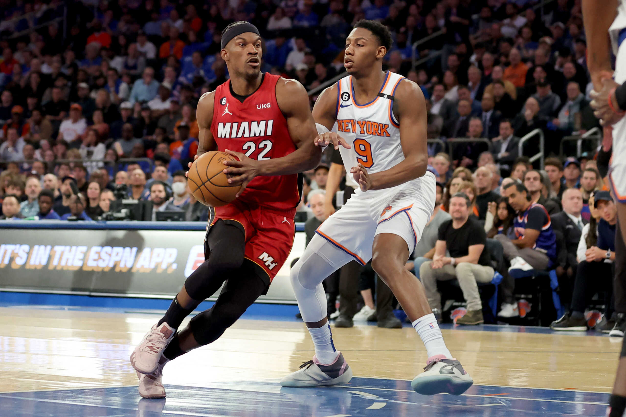 Apr 30, 2023; New York, New York, USA; Miami Heat forward Jimmy Butler (22) drives to the basket against New York Knicks guard RJ Barrett (9) during the second quarter of game one of the 2023 NBA Eastern Conference semifinal playoffs at Madison Square Garden. Mandatory Credit: Brad Penner-USA TODAY Sports