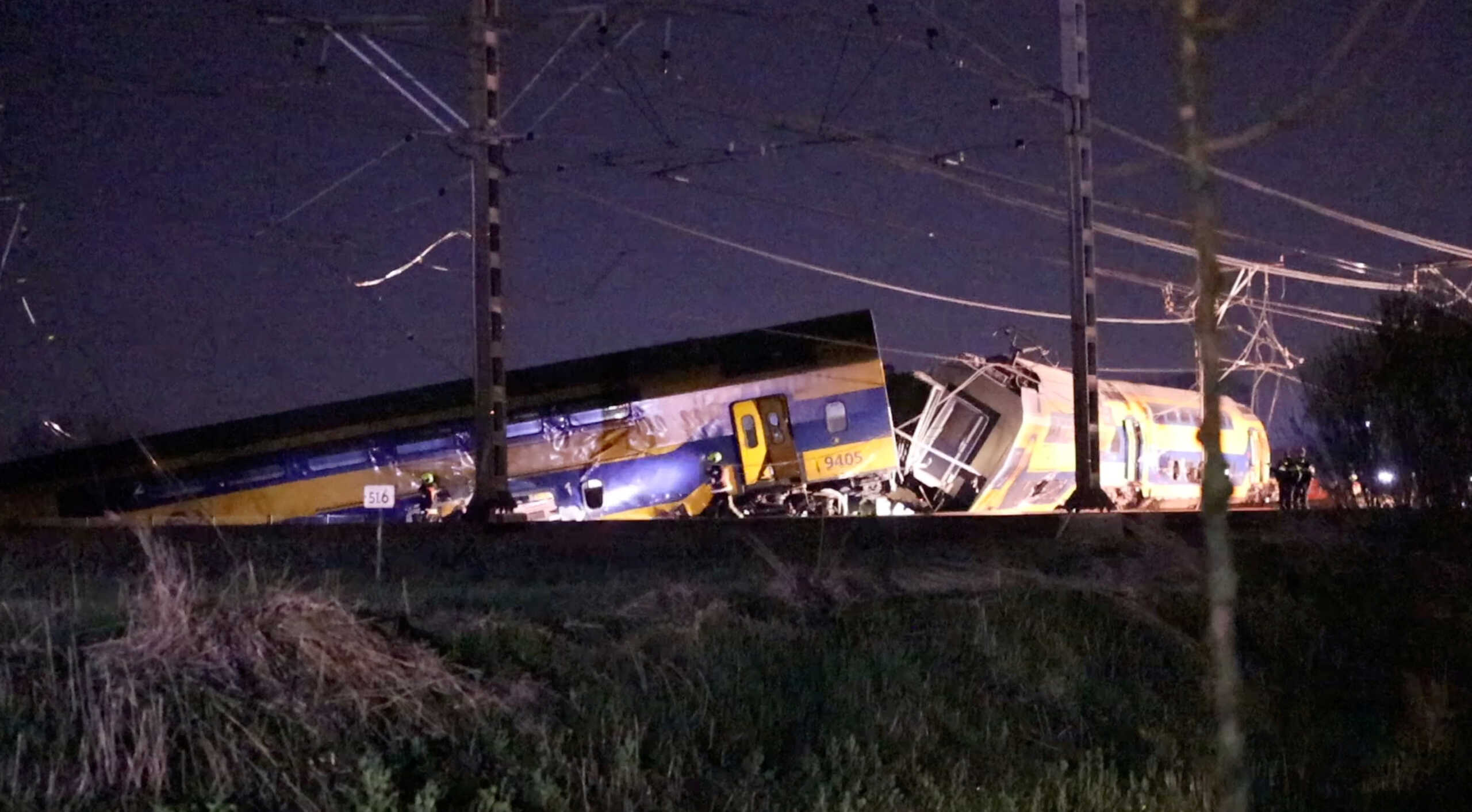 A general view shows aftermath following the derailment of a passenger train after it hit construction equipment on the track, in Voorschoten, Netherlands April 4, 2023 in this picture obtained from social media. Kyrlian De Bot