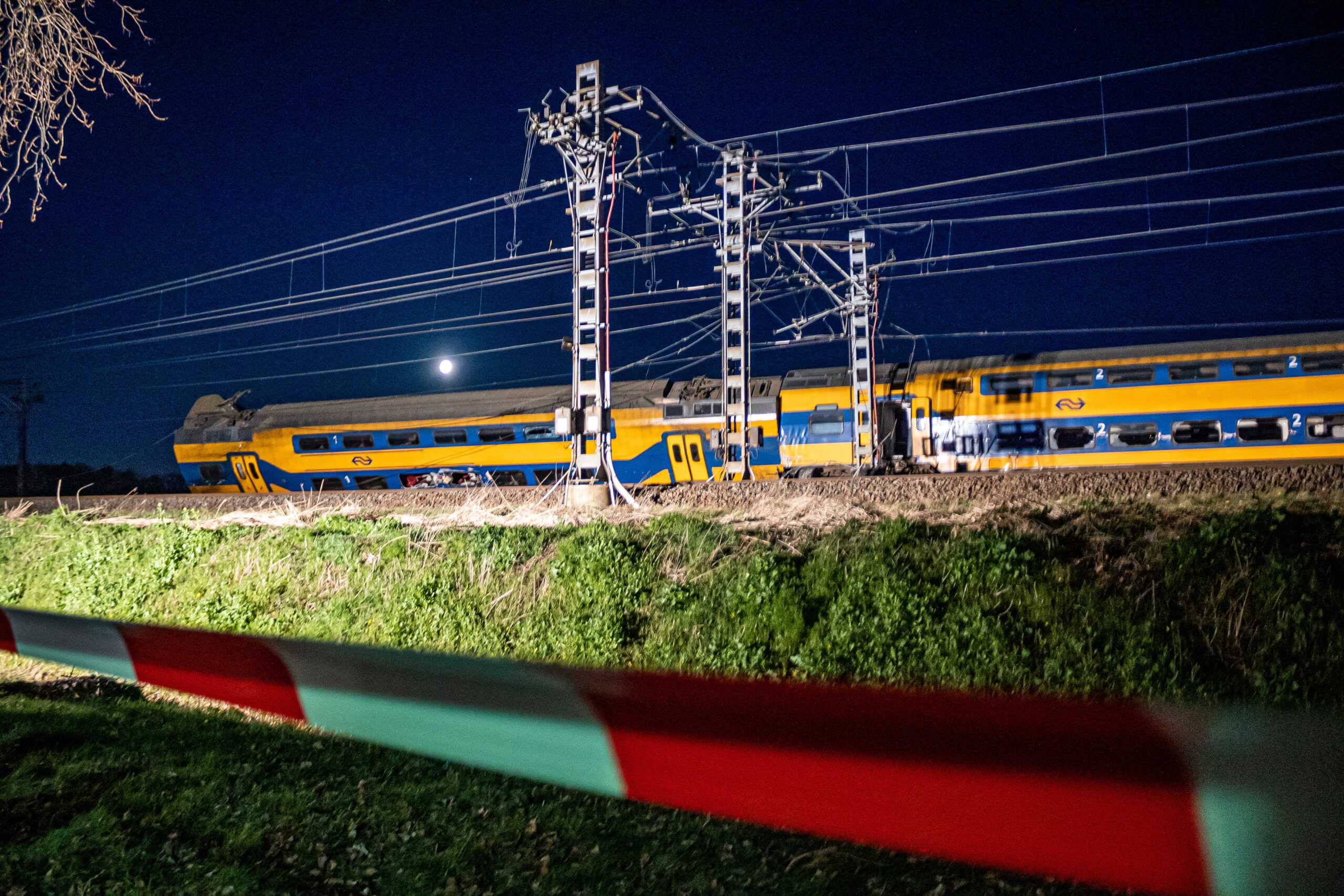 A general view shows aftermath following the derailment of a passenger train after it hit construction equipment on the track, in Voorschoten, Netherlands April 4, 2023 in this picture obtained from social media. Kyrlian De Bot