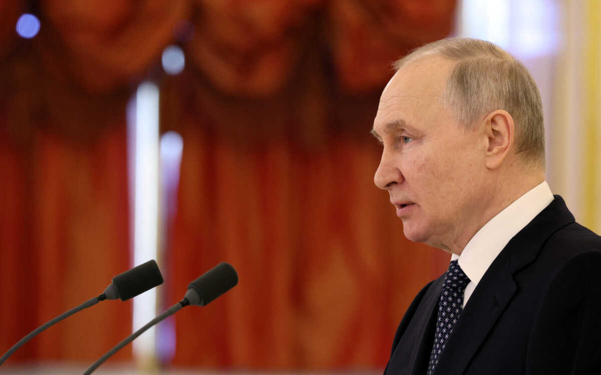 Russian President Vladimir Putin delivers a speech during a ceremony to receive diplomatic credentials from newly appointed foreign ambassadors at the Alexander Hall of the Grand Kremlin Palace in Moscow, Russia, April 5, 2023. Sputnik