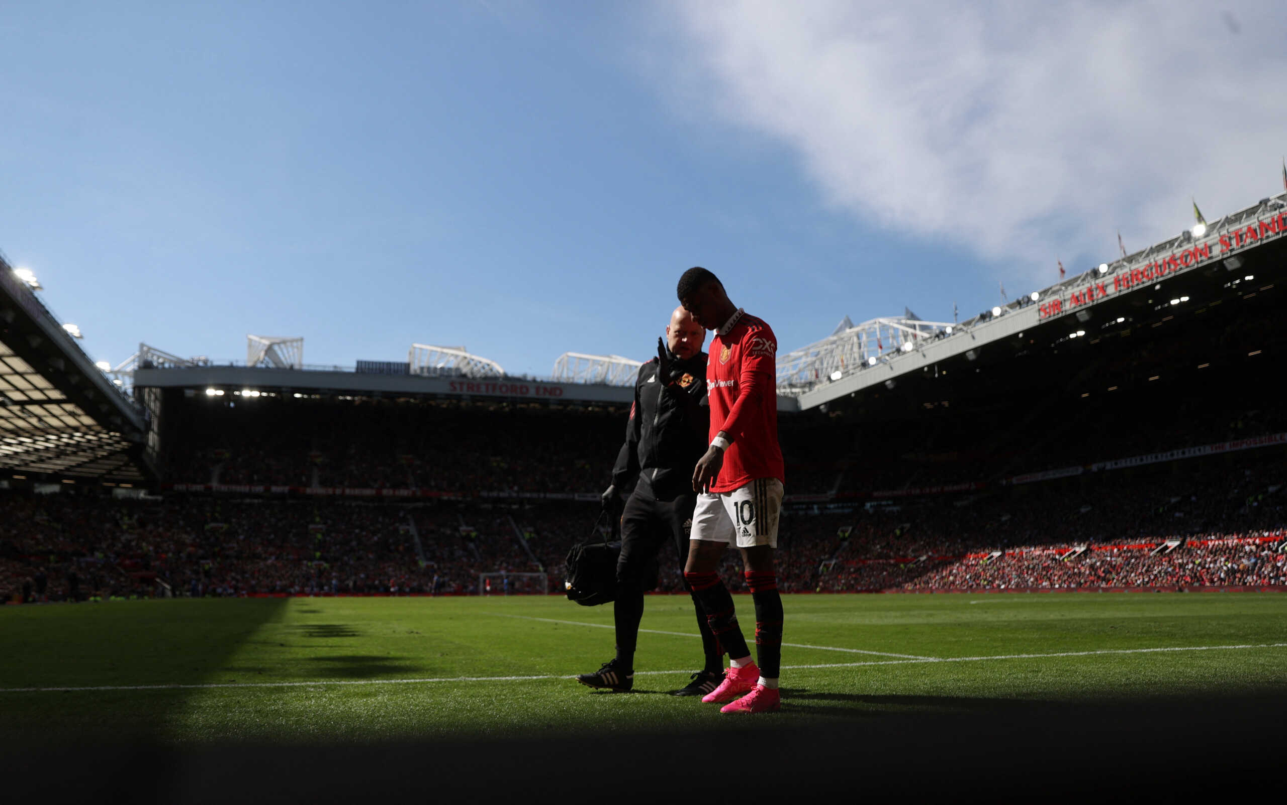Soccer Football - Premier League - Manchester United v Everton - Old Trafford, Manchester, Britain - April 8, 2023 Manchester United's Marcus Rashford after sustaining an injury REUTERS