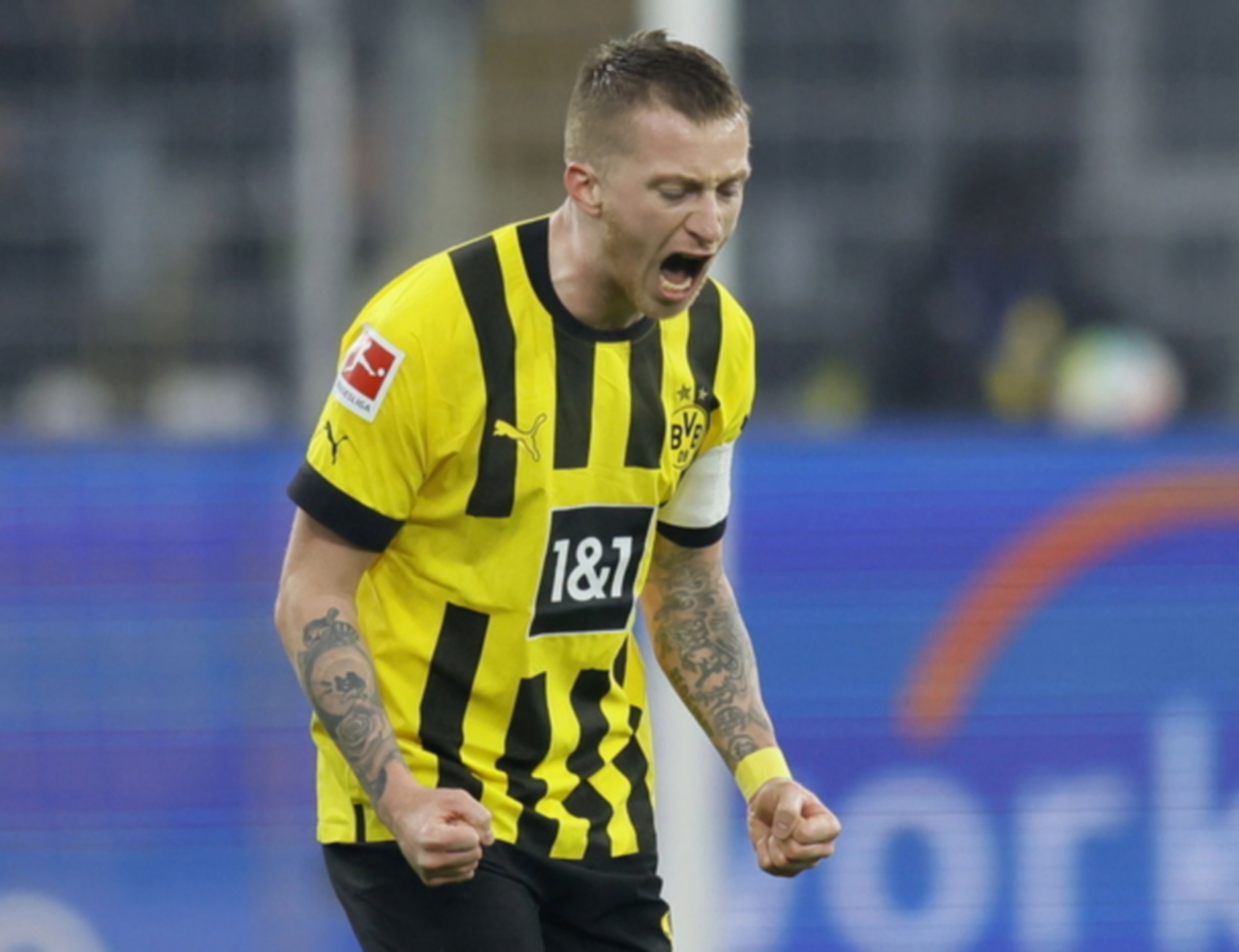 epa10501333 Dortmund's Marco Reus celebrates after scoring the opening goal during the German Bundesliga soccer match between Borussia Dortmund and RB Leipzig in Dortmund, Germany, 03 March 2023.  EPA