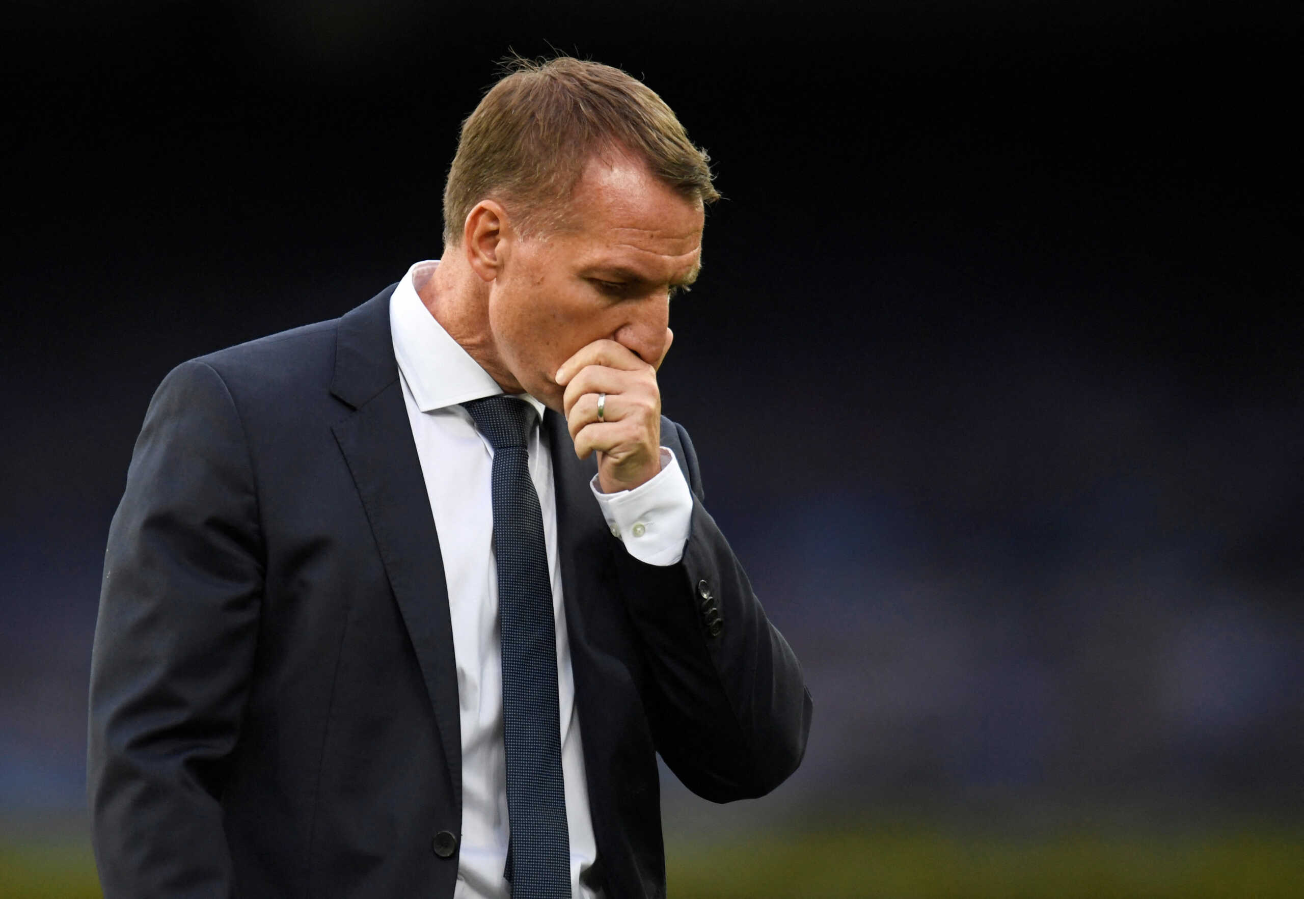 FILE PHOTO: Soccer Football - Premier League - Everton v Leicester City - Goodison Park, Liverpool, Britain - July 1, 2020 Leicester City manager Brendan Rodgers looks dejected after the match, as play resumes behind closed doors following the outbreak of the coronavirus disease (COVID-19) Peter Powell
