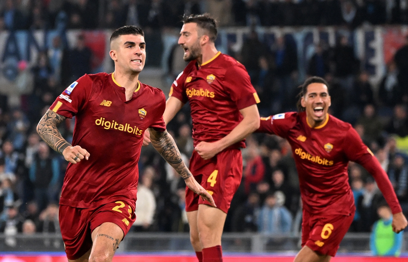 Soccer Football - Serie A - Lazio v AS Roma - Stadio Olimpico, Rome, Italy - March 19, 2023 AS Roma's Gianluca Mancini, Bryan Cristante and Chris Smalling celebrate a goal before it is disallowed following a VAR review REUTERS