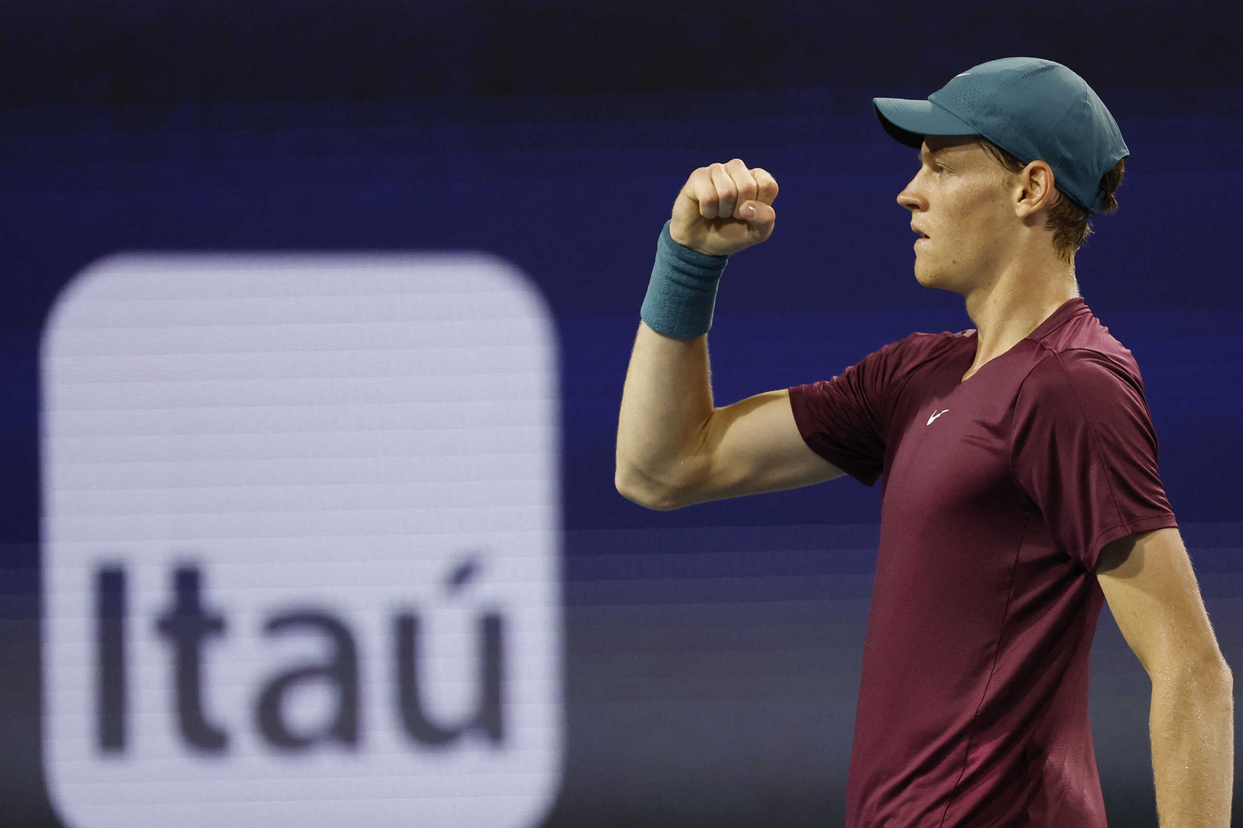 Mar 31, 2023; Miami, Florida, US; Jannik Sinner (ITA) reacts after winning a point against Carlos Alcaraz (ESP) (not pictured) in a men's singles semifinal on day twelve on the Miami Open at Hard Rock Stadium. Mandatory Credit: Geoff Burke-USA TODAY Sports