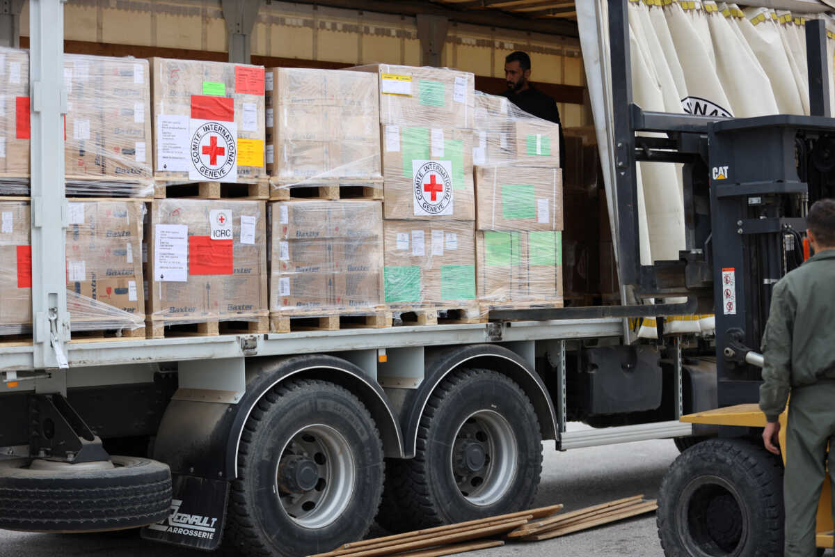 Supplies with medical aid for Sudan are seen at a warehouse in Amman, Jordan in this handout image obtained on April 30, 2023. ICRC