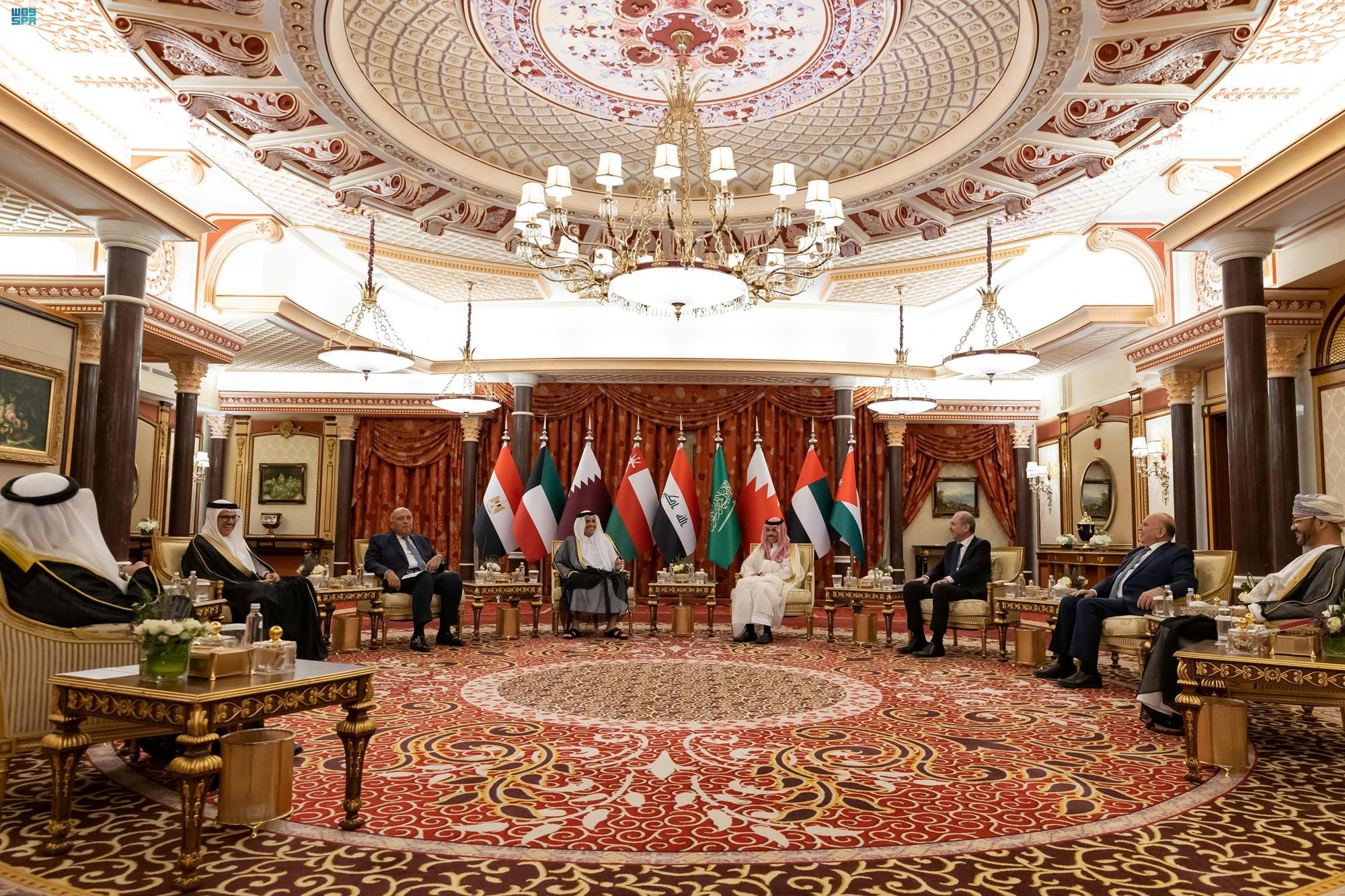 Saudi Arabia hosts a meeting of foreign ministers from Iraq, Jordan, Egypt and the Gulf Cooperation Council (GCC) countries to discuss Syria's return to the Arab League in Jeddah, Saudi Arabia, April 14, 2023. Saudi Press Agency