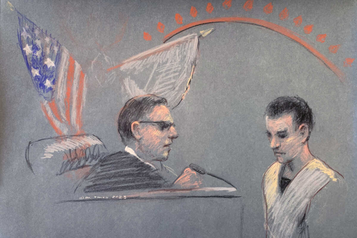 Jack Douglas Teixeira, a U.S. Air Force National Guard airman accused of leaking highly classified military intelligence records online, makes his initial appearance before a federal judge in Boston, Massachusetts, U.S. April 14, 2023 in a courtroom sketch. REUTERS