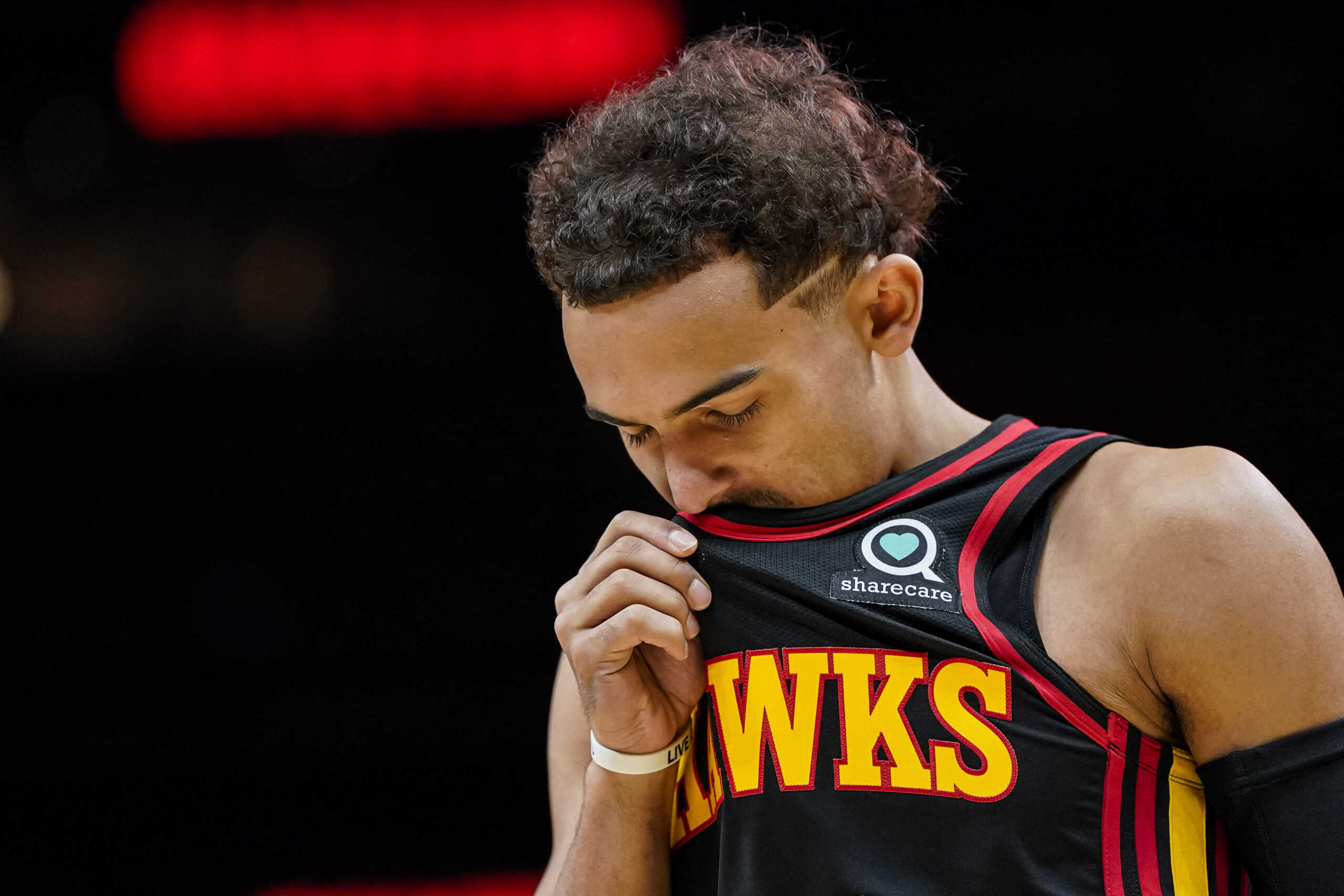 Apr 7, 2023; Atlanta, Georgia, USA; Atlanta Hawks guard Trae Young (11) shown just before opening tip off against the Philadelphia 76ers at State Farm Arena. Mandatory Credit: Dale Zanine-USA TODAY Sports
