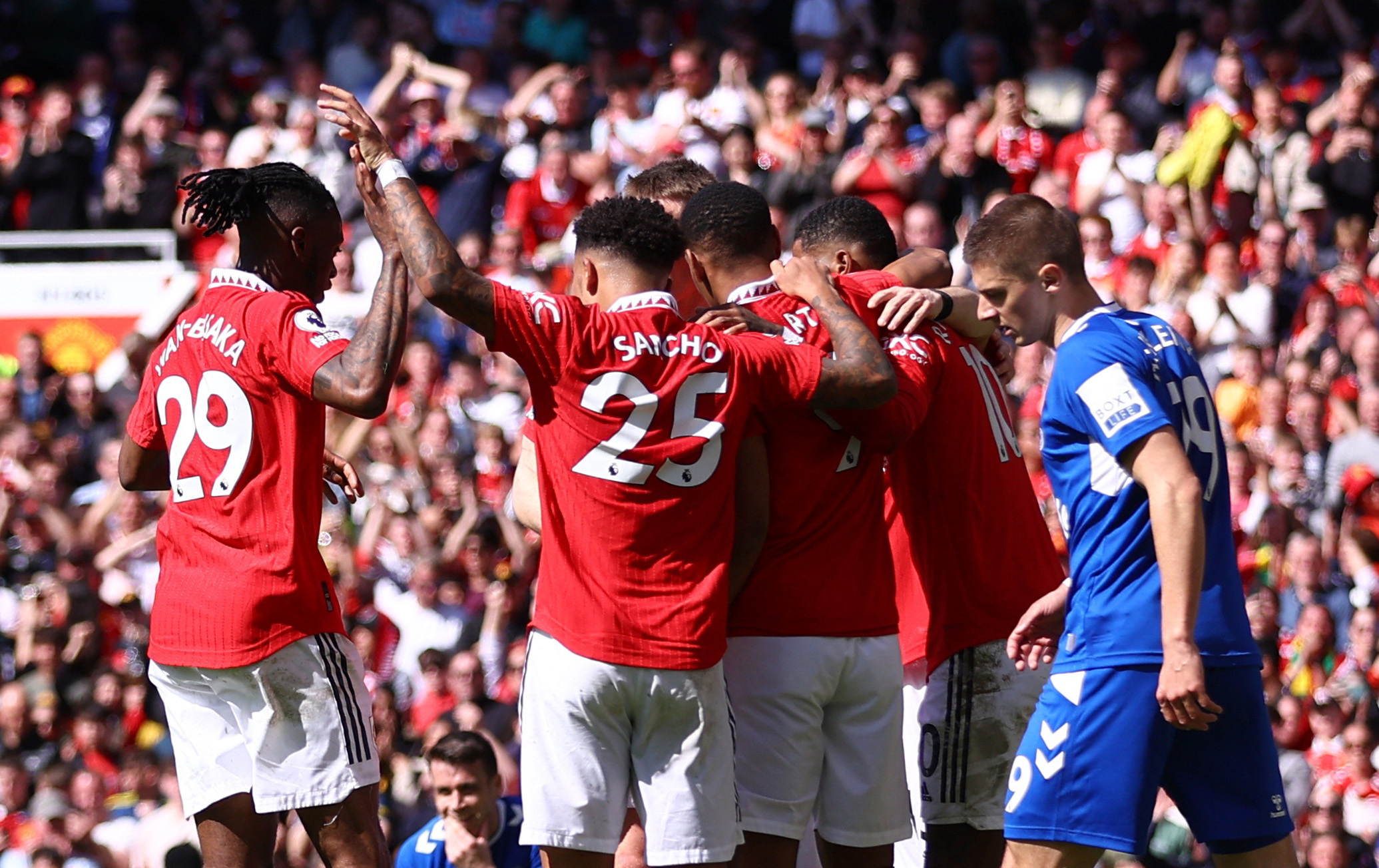 Soccer Football - Premier League - Manchester United v Everton - Old Trafford, Manchester, Britain - April 8, 2023 Manchester United's Anthony Martial celebrates scoring their second goal with teammates REUTERS