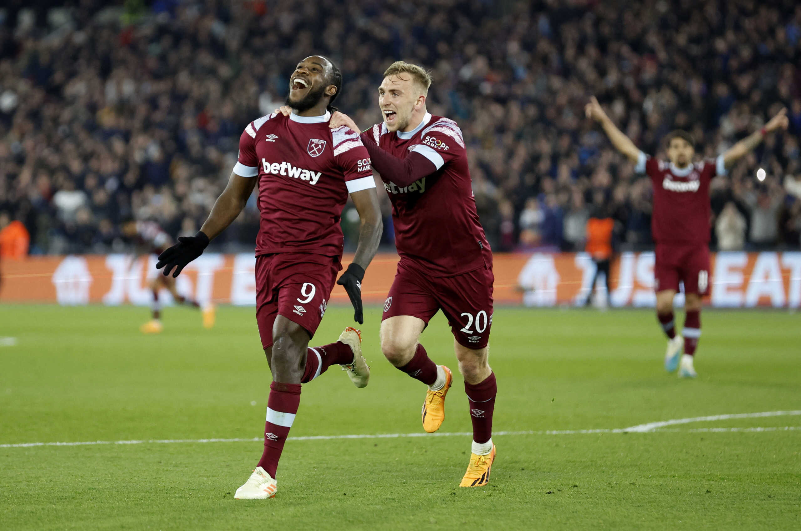 Soccer Football - Europa Conference League - Quarter Final - Second Leg - West Ham United v KAA Gent - London Stadium, London, Britain - April 20, 2023 West Ham United's Michail Antonio celebrates scoring their fourth goal with Jarrod Bowen Action Images via Reuters