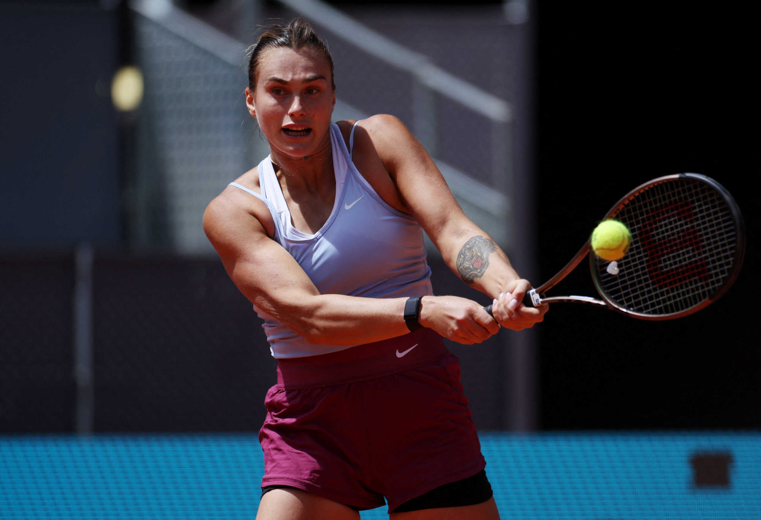 Tennis - Madrid Open - Park Manzanares, Madrid, Spain - May 2, 2023 Belarus' Aryna Sabalenka in action during her quarter final match against Egypt’s Mayar Sherif REUTERS