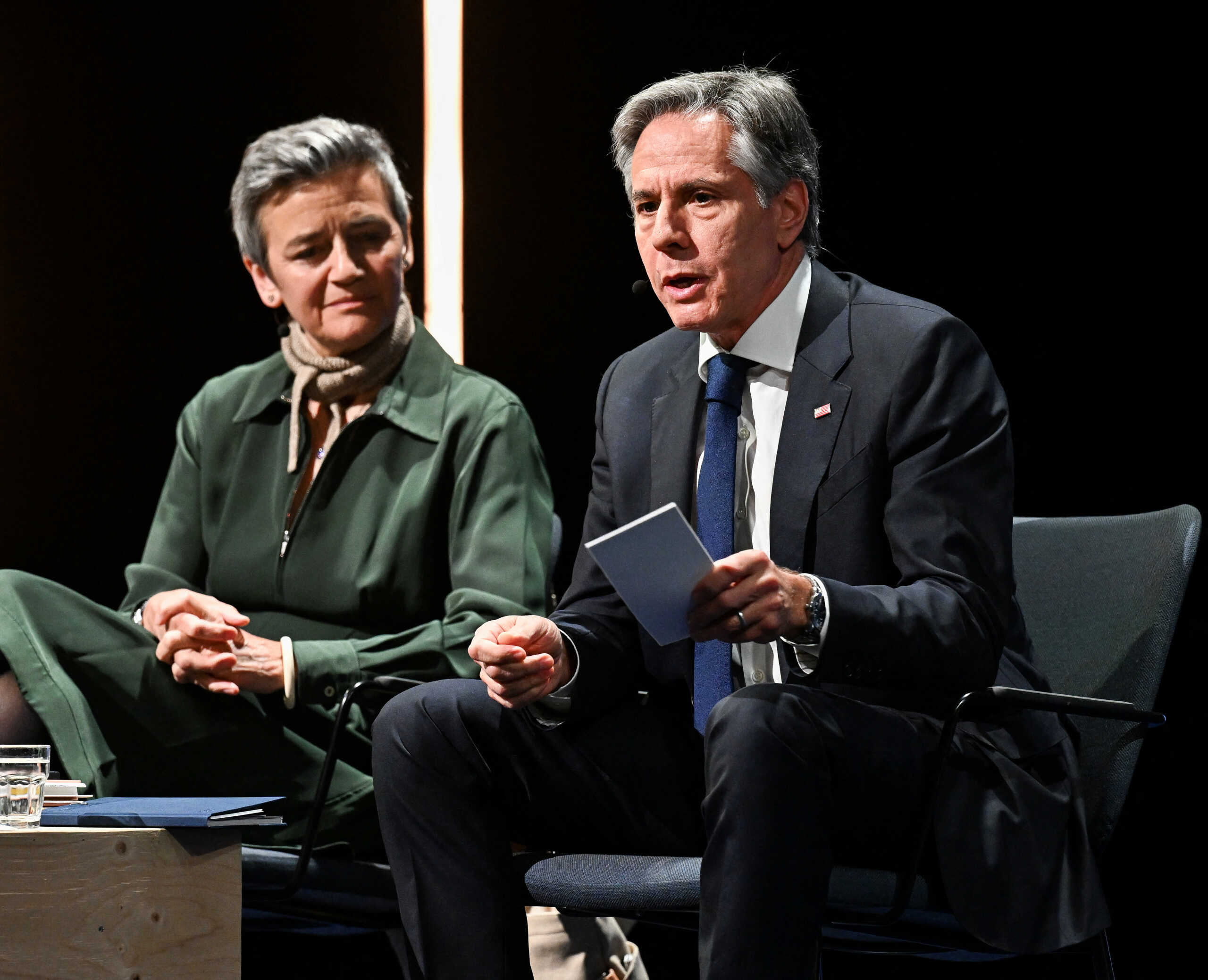 U.S. Secretary of State Antony Blinken speaks next to European Commission Vice President Margrethe Vestager during an event in connection with Trade and Technology Council (TTC), in Lulea, Sweden May 31, 2023. TT News Agency