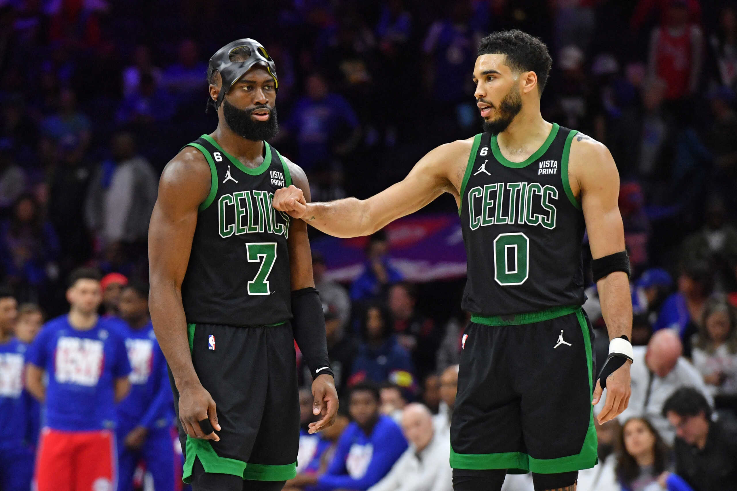 May 5, 2023; Philadelphia, Pennsylvania, USA; Boston Celtics guard Jaylen Brown (7) and forward Jayson Tatum (0) celebrate during final minute of win against the Philadelphia 76ers during the fourth quarter of game three of the 2023 NBA playoff at Wells Fargo Center. Mandatory Credit: Eric Hartline-USA TODAY Sports