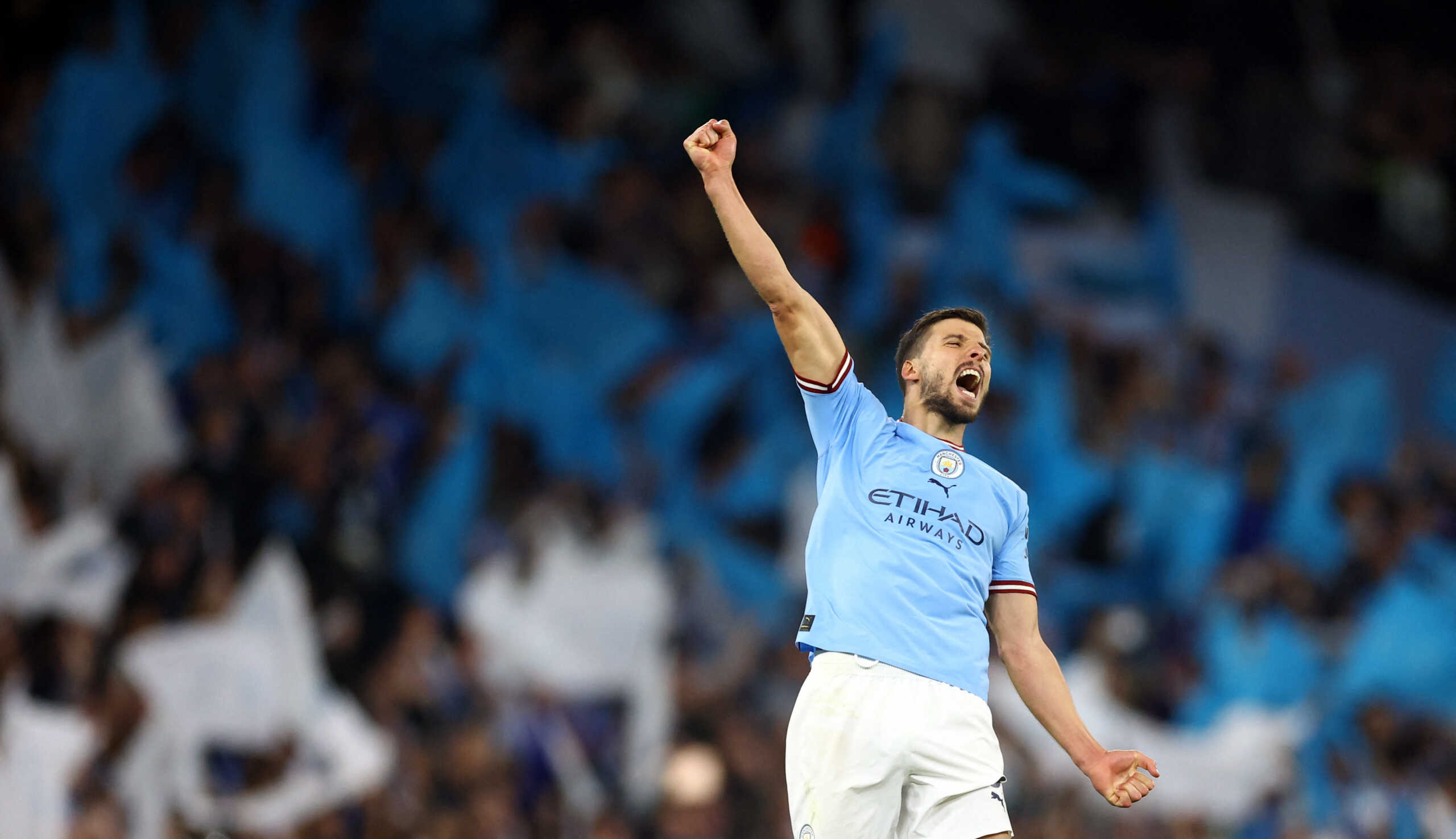 Soccer Football - Champions League - Semi Final - Second Leg - Manchester City v Real Madrid - Etihad Stadium, Manchester, Britain - May 17, 2023 Manchester City's Ruben Dias celebrates after the match REUTERS