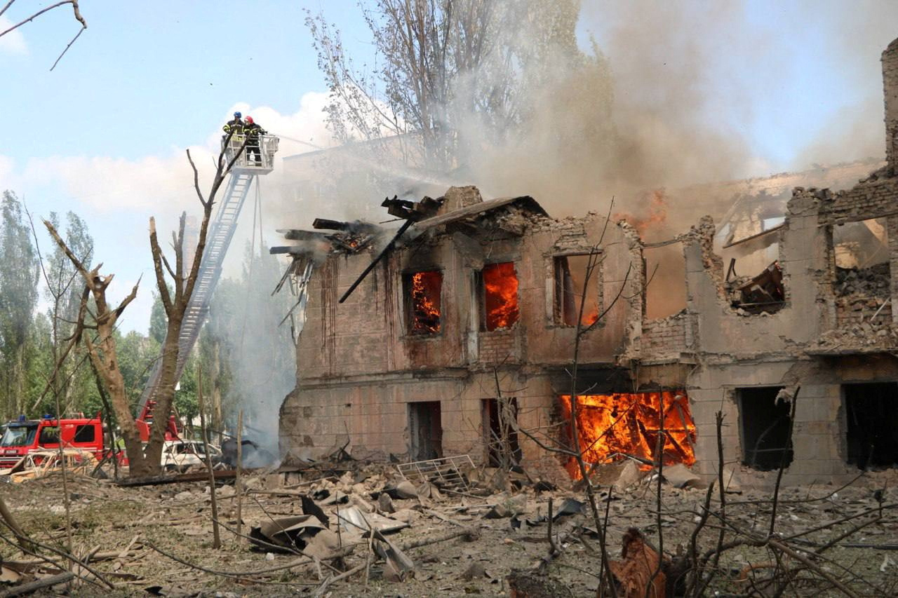 Rescuers work at a site of a clinic heavily destroyed by a Russian missile strike, amid Russia's attack on Ukraine, in Dnipro, Ukraine May 26, 2023. Press service of the State Emergency Service of Ukraine