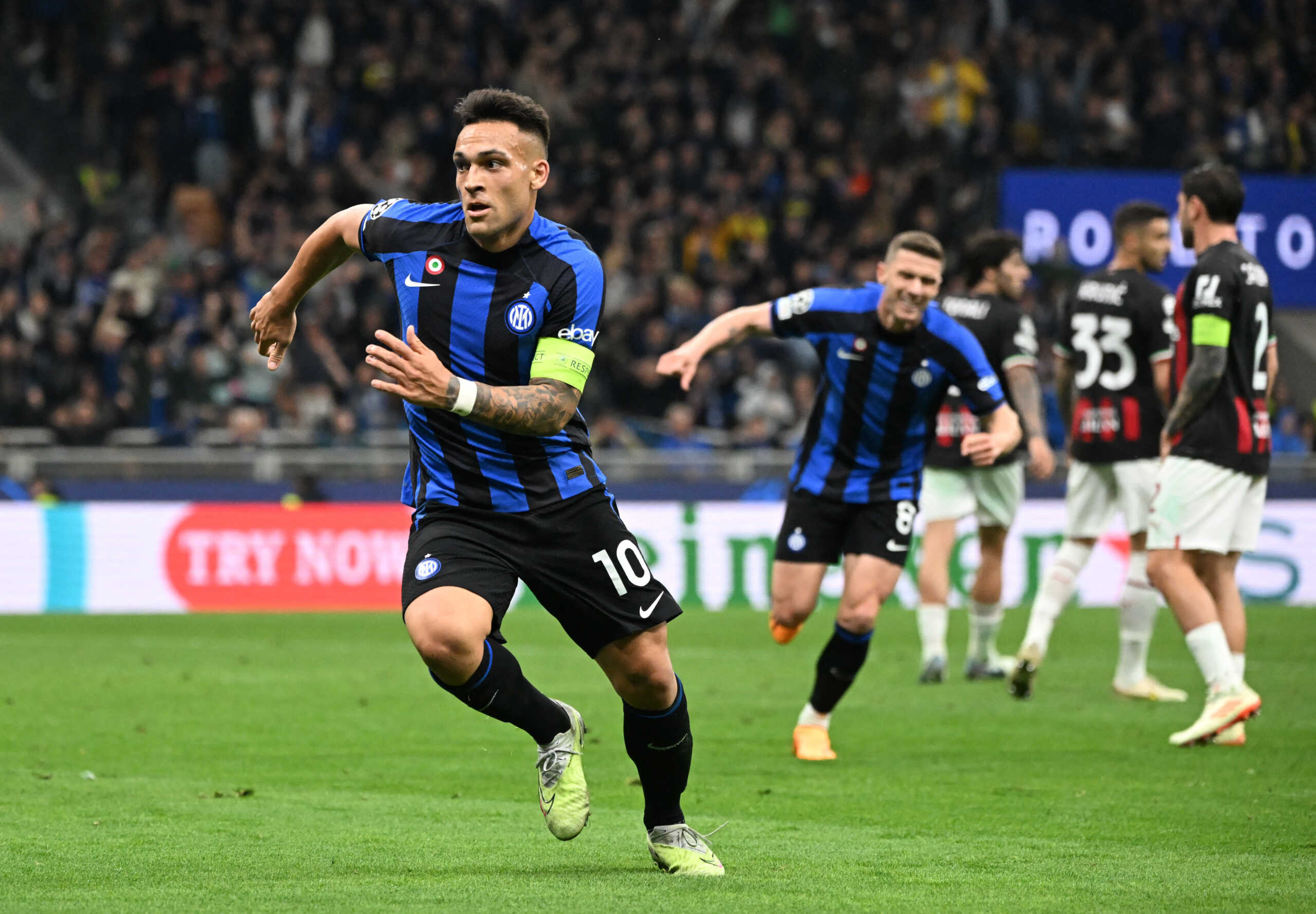 Soccer Football - Champions League - Semi Final - Second Leg - Inter Milan v AC Milan - San Siro, Milan, Italy - May 16, 2023 Inter Milan's Lautaro Martinez celebrates scoring their first goal REUTERS