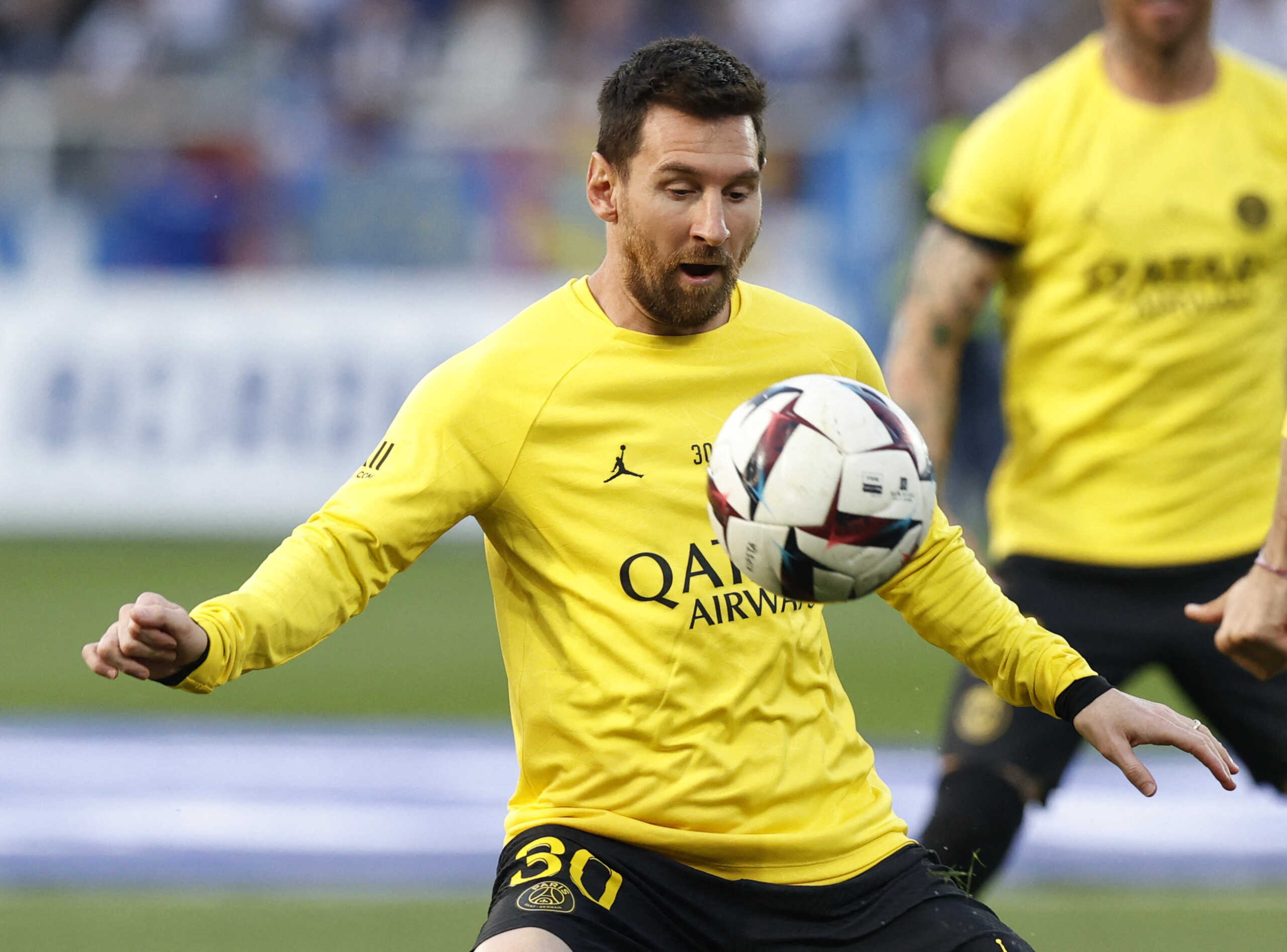 Soccer Football - Ligue 1 - Auxerre v Paris St Germain - Stade de l'Abbe-Deschamps, Auxerre, France - May 21, 2023 Paris St Germain's Lionel Messi during the warm up before the match REUTERS