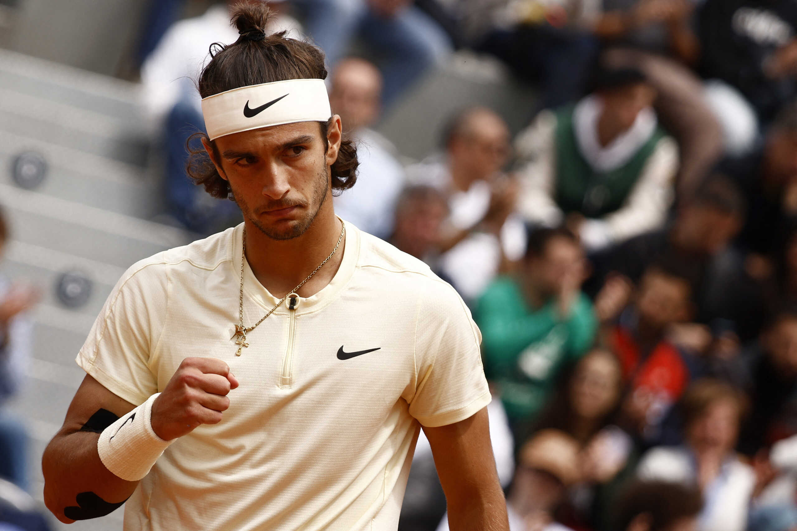 Tennis - Italian Open - Foro Italico, Rome, Italy - May 16, 2023 Italy's Lorenzo Musetti reacts during his round of 32 match against Frances Tiafoe of the U.S. REUTERS