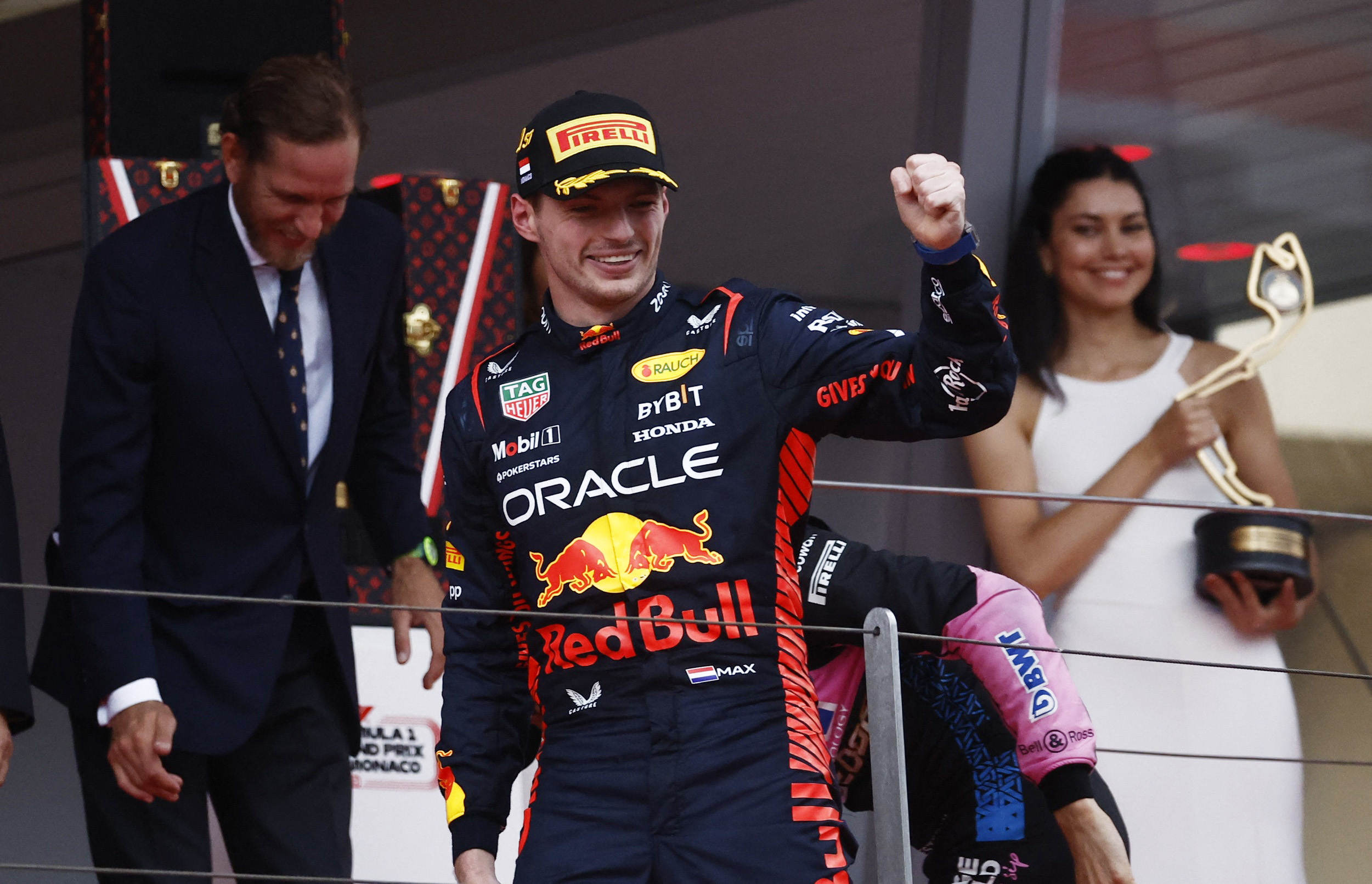 Formula One F1 - Monaco Grand Prix - Circuit de Monaco, Monte Carlo, Monaco - May 28, 2023 Red Bull's Max Verstappen celebrates on the podium after winning the Monaco Grand Prix REUTERS