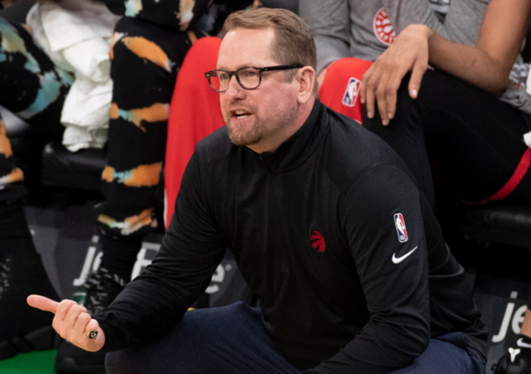 epa09575175 Toronto Raptors head coach Nick Nurse gestures during the fourth quarter of the Boston Celtics win over the Toronto Raptors at the TD Garden in Boston, Massachusetts, USA, 10 November 2021.  EPA
