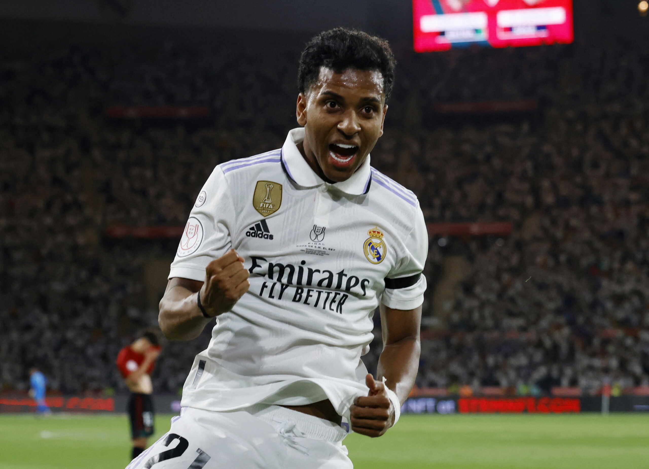 Soccer Football - Copa del Rey - Final - Real Madrid v Osasuna - Estadio de La Cartuja, Seville, Spain - May 6, 2023 Real Madrid's Rodrygo celebrates scoring their second goal REUTERS