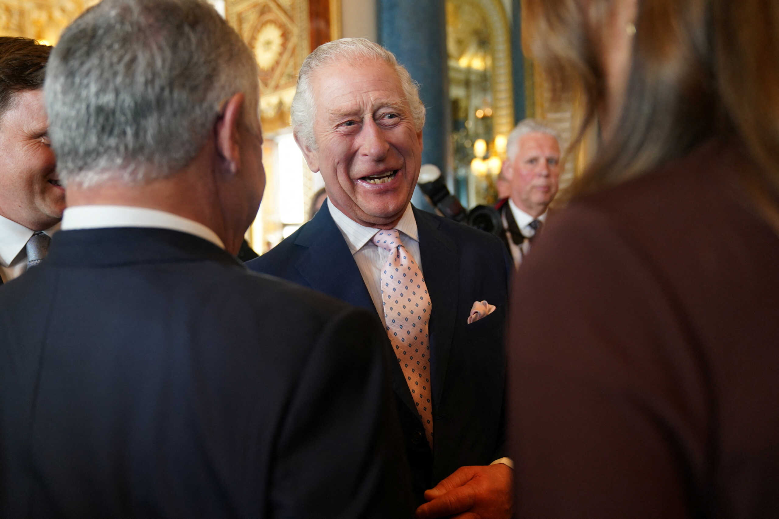 Britains King Charles speaks to guests during a reception for overseas guests attending his coronation at Buckingham Palace in London, Britain, May 5, 2023. Jacob King