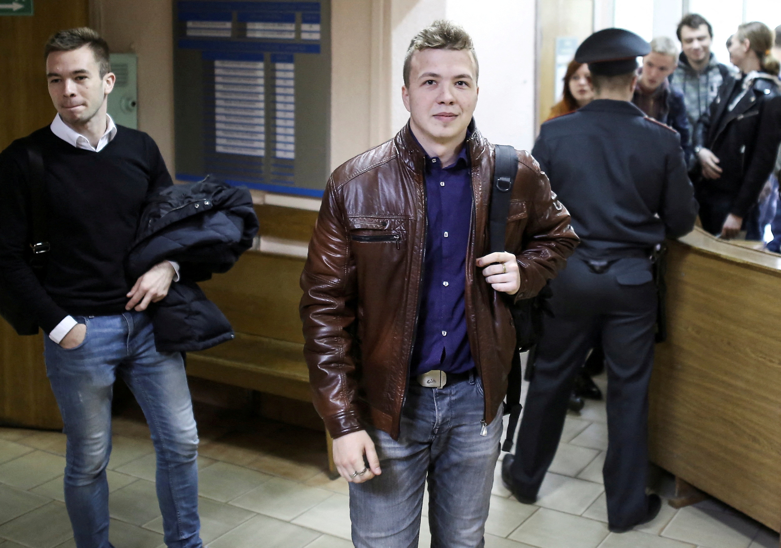 FILE PHOTO:Opposition blogger and activist Roman Protasevich, who is accused of participating in an unsanctioned protest at the Kuropaty preserve, arrives for a court hearing in Minsk, Belarus April 10, 2017. REUTERS
