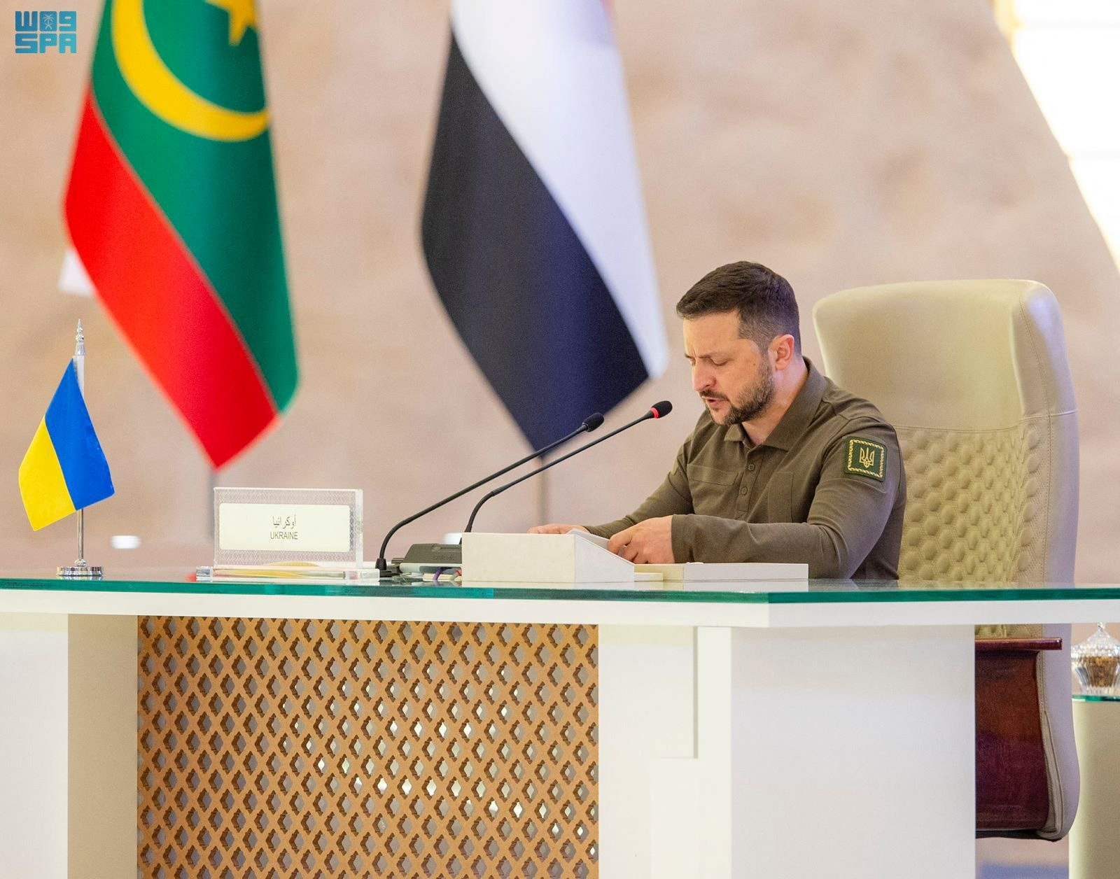 Ukrainian President Volodymyr Zelenskiy speaks as he attends the Arab League summit, in Jeddah, Saudi Arabia, May 19, 2023. Saudi Press Agency