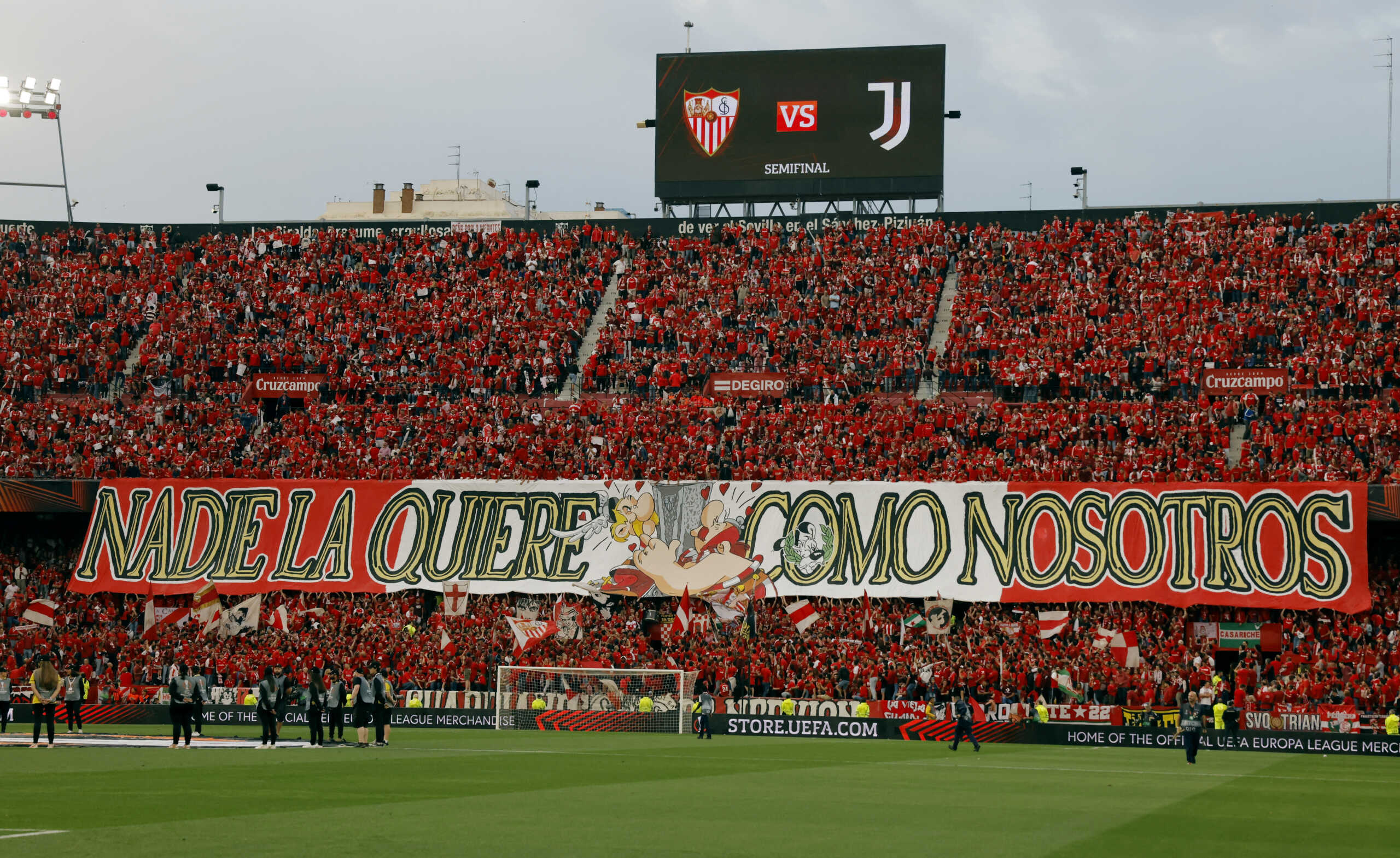 Soccer Football -  Europa League - Semi Final - Second Leg - Sevilla v Juventus - Ramon Sanchez Pizjuan, Seville, Spain - May 18, 2023  Sevilla fans display banners inside the stadium before the match REUTERS